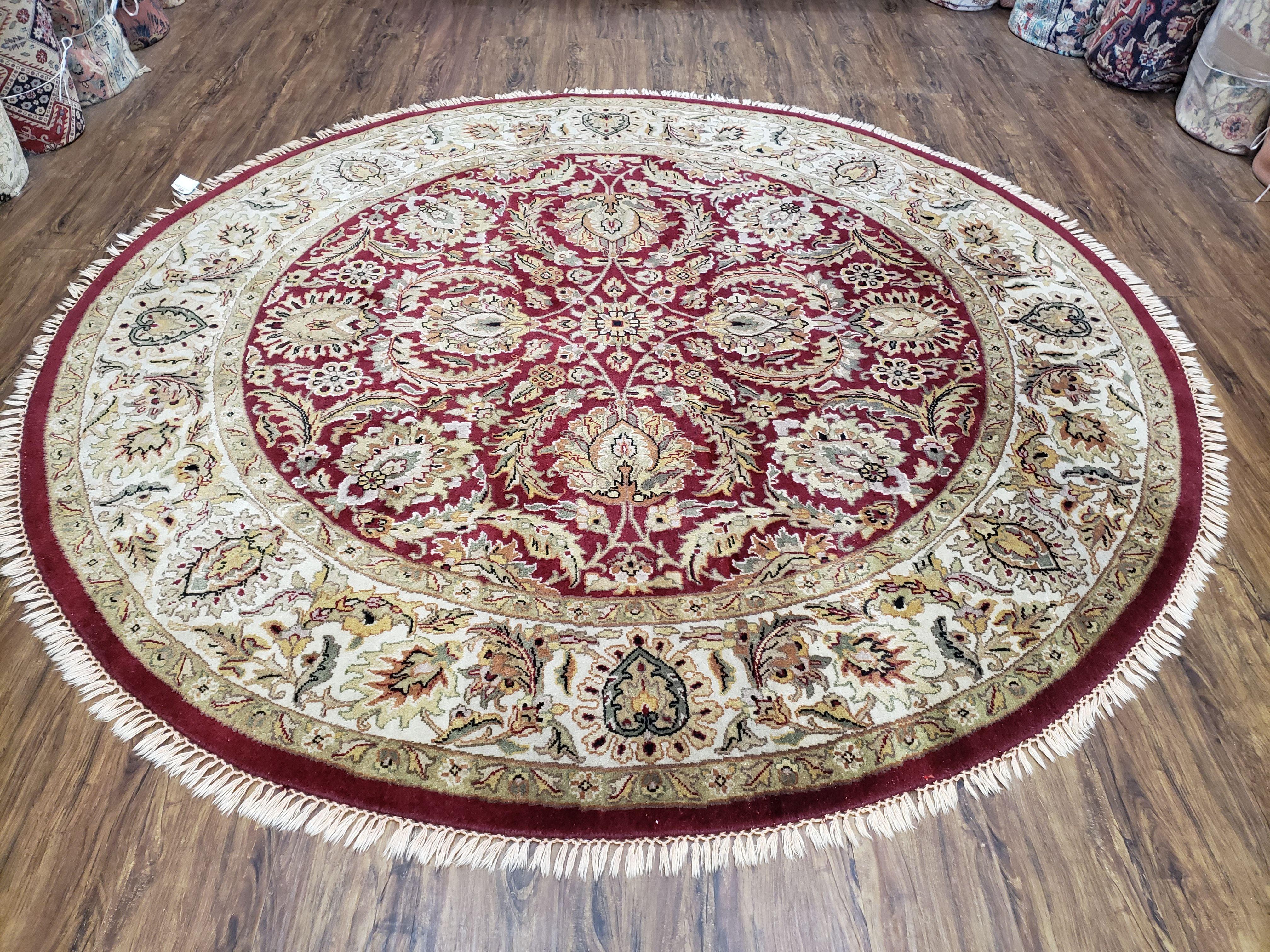 8ft Round Rug, Vintage Indo Mahal Round Oriental Carpet, Red & Beige, Indian Rug, Indo Persian Floral Rug, Hand-Knotted, Wool, 8x8 Round Rug - Jewel Rugs