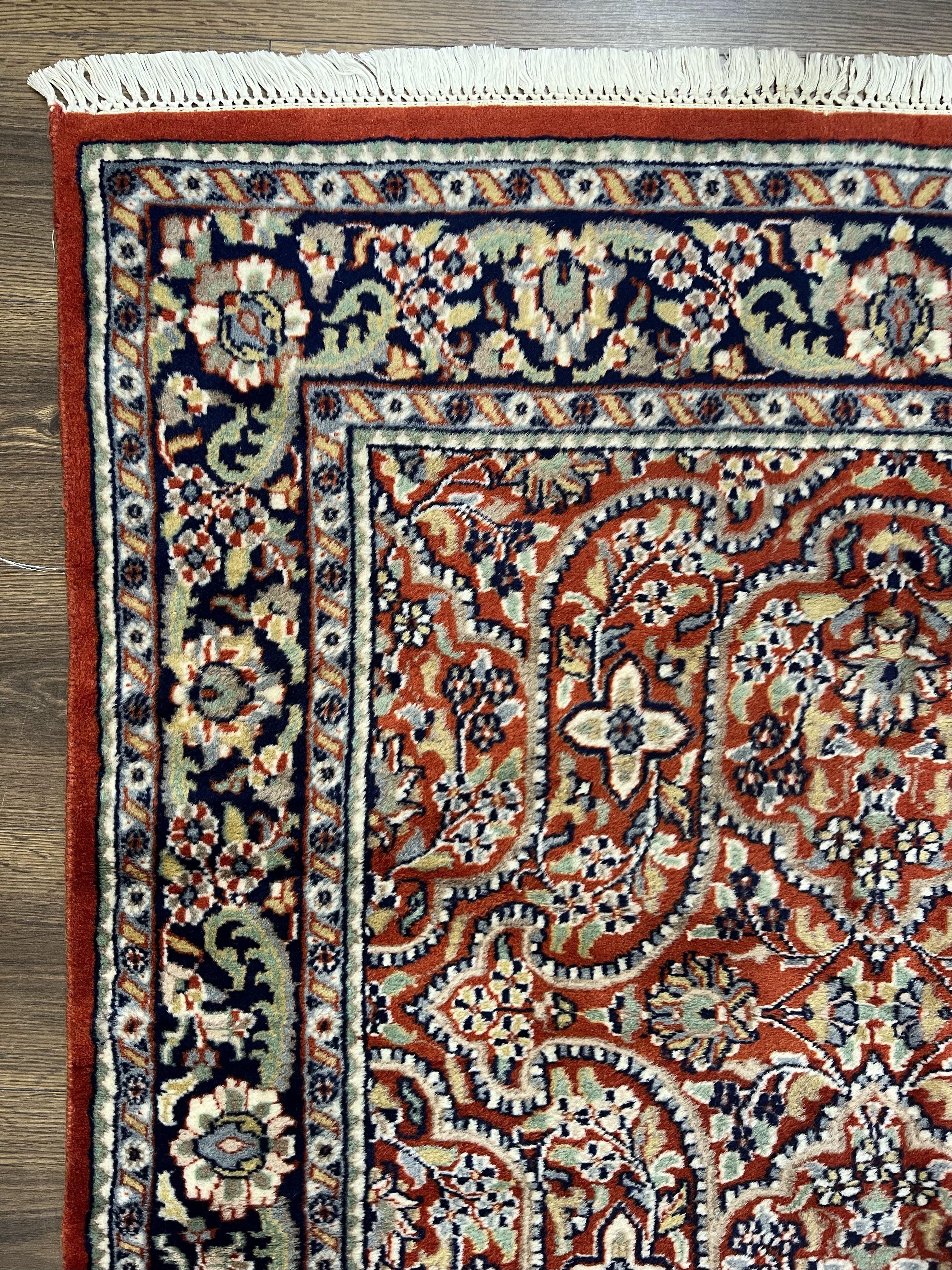 Indo Persian Rug 4x7, Allover Floral Oriental Carpet, Red and Navy Blue, Hand Knotted Indian Kashmiri Traditional Vintage Area Rug 4 x 7 ft - Jewel Rugs