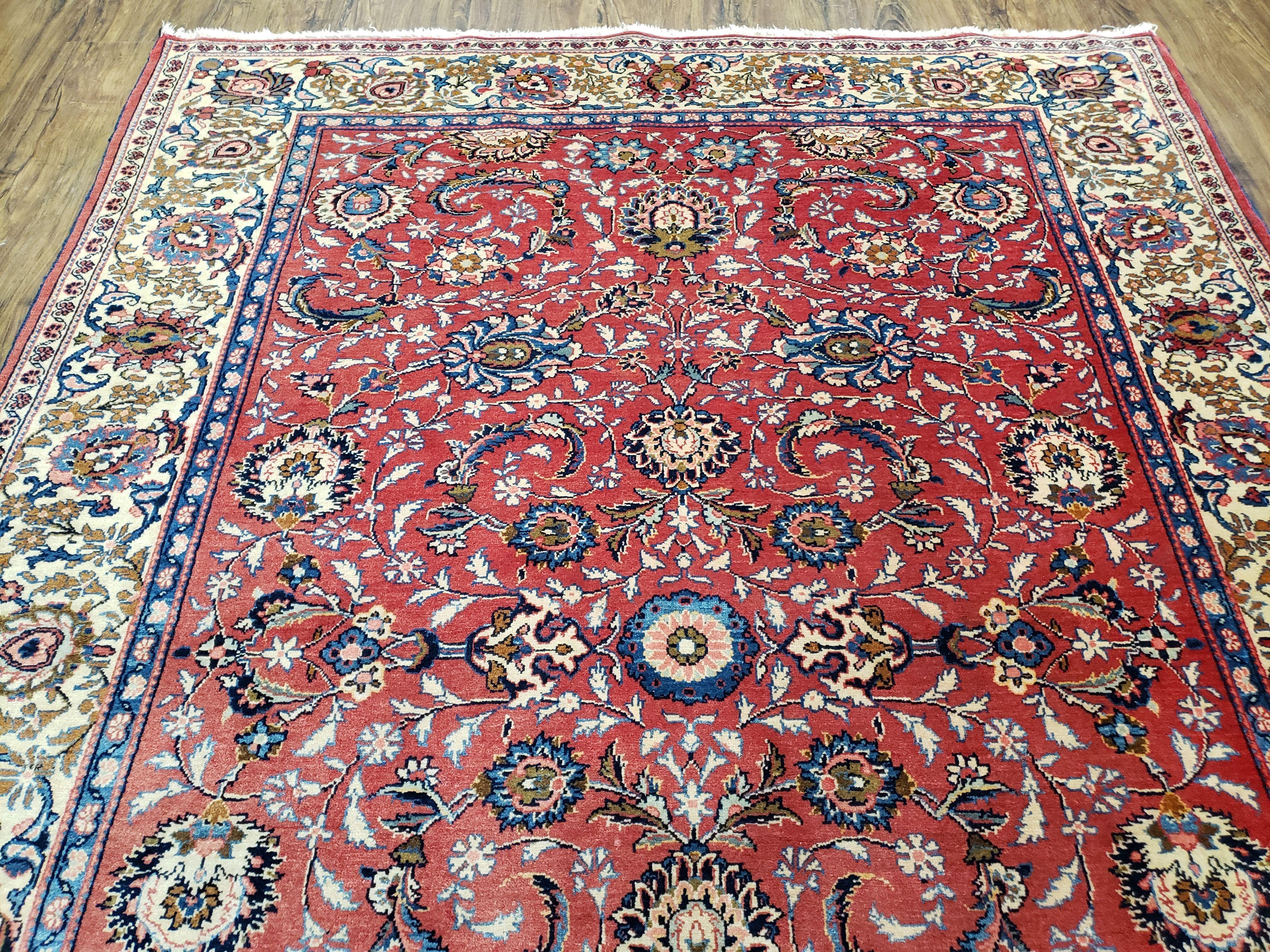 Semi Antique Persian Kashan, Red & Cream, Hand-Knotted, Wool, 4' 8" x 6' 6", Pair A - Jewel Rugs