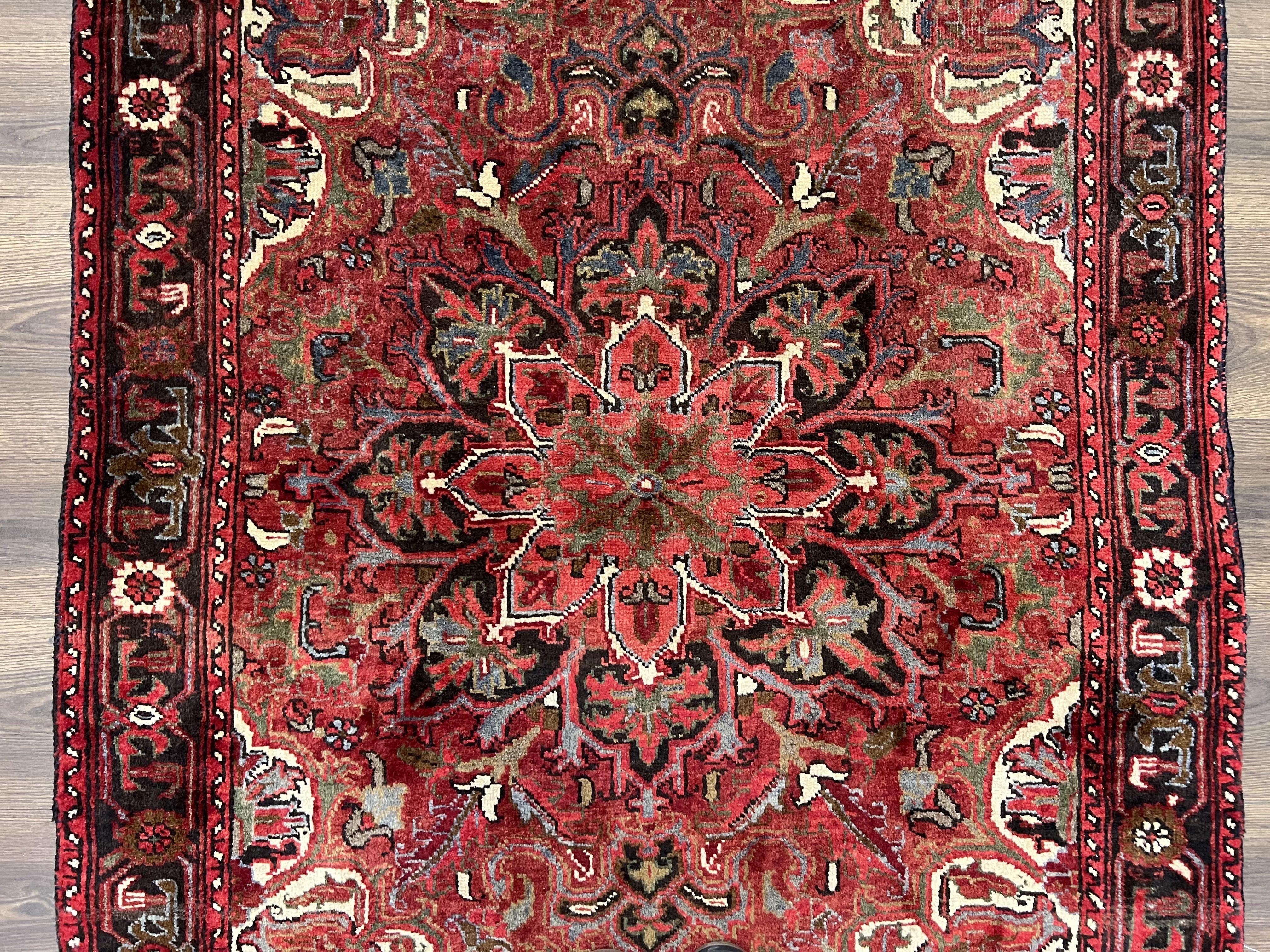 Antique Persian Rug 3x5, Geometric Heriz Carpet, Wool Hand Knotted Tribal Oriental Rug, Red Black Cream, Small Persian Rug 3 x 5 ft Handmade - Jewel Rugs