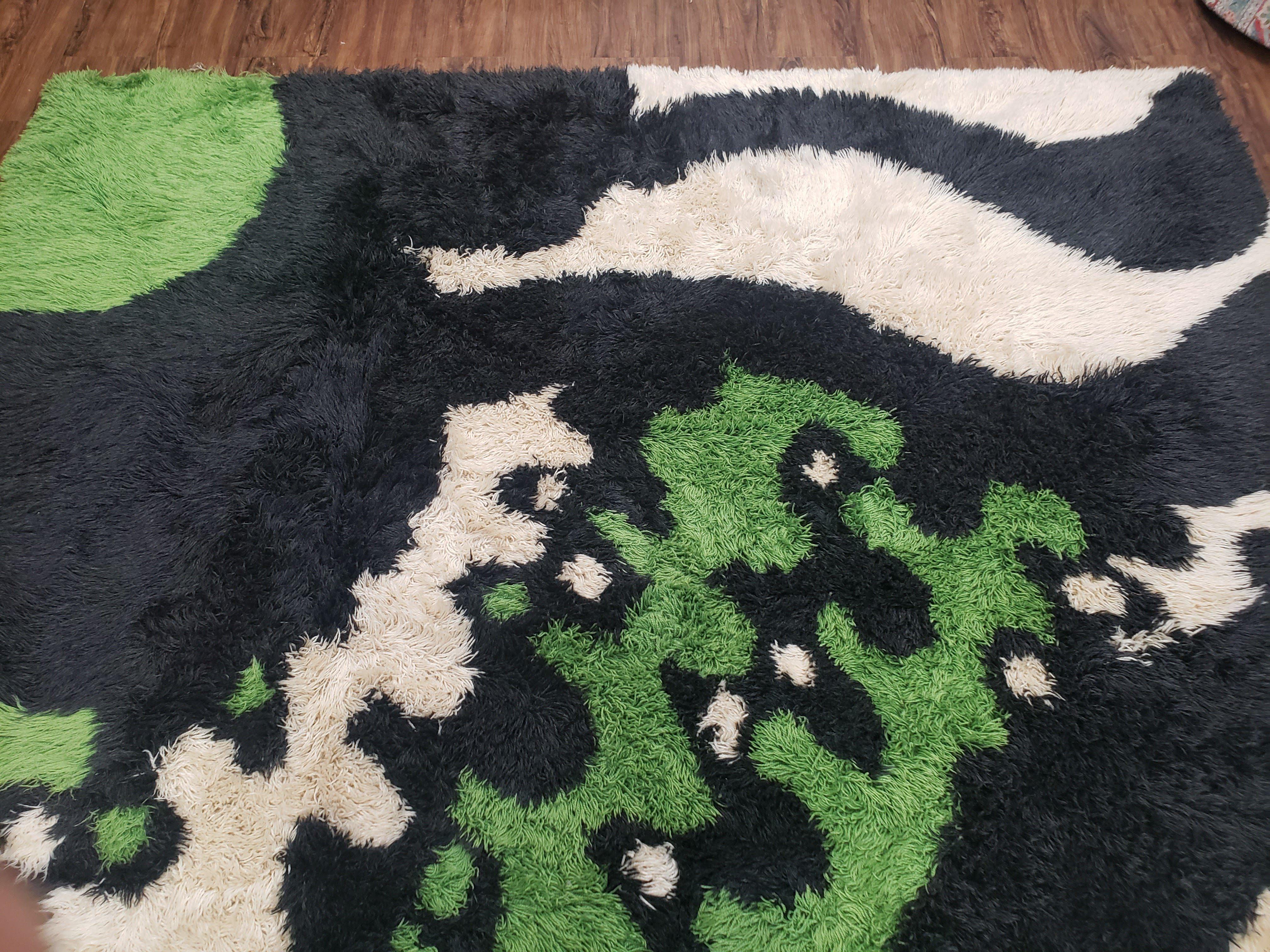 Rya Shag Rug 8x12, Mid-Century Ege Rya 1960s Carpet, Green White Black Modern Shag Rug, 8 x 12 Danish Rya, Soft High Pile, Abstract Rug - Jewel Rugs