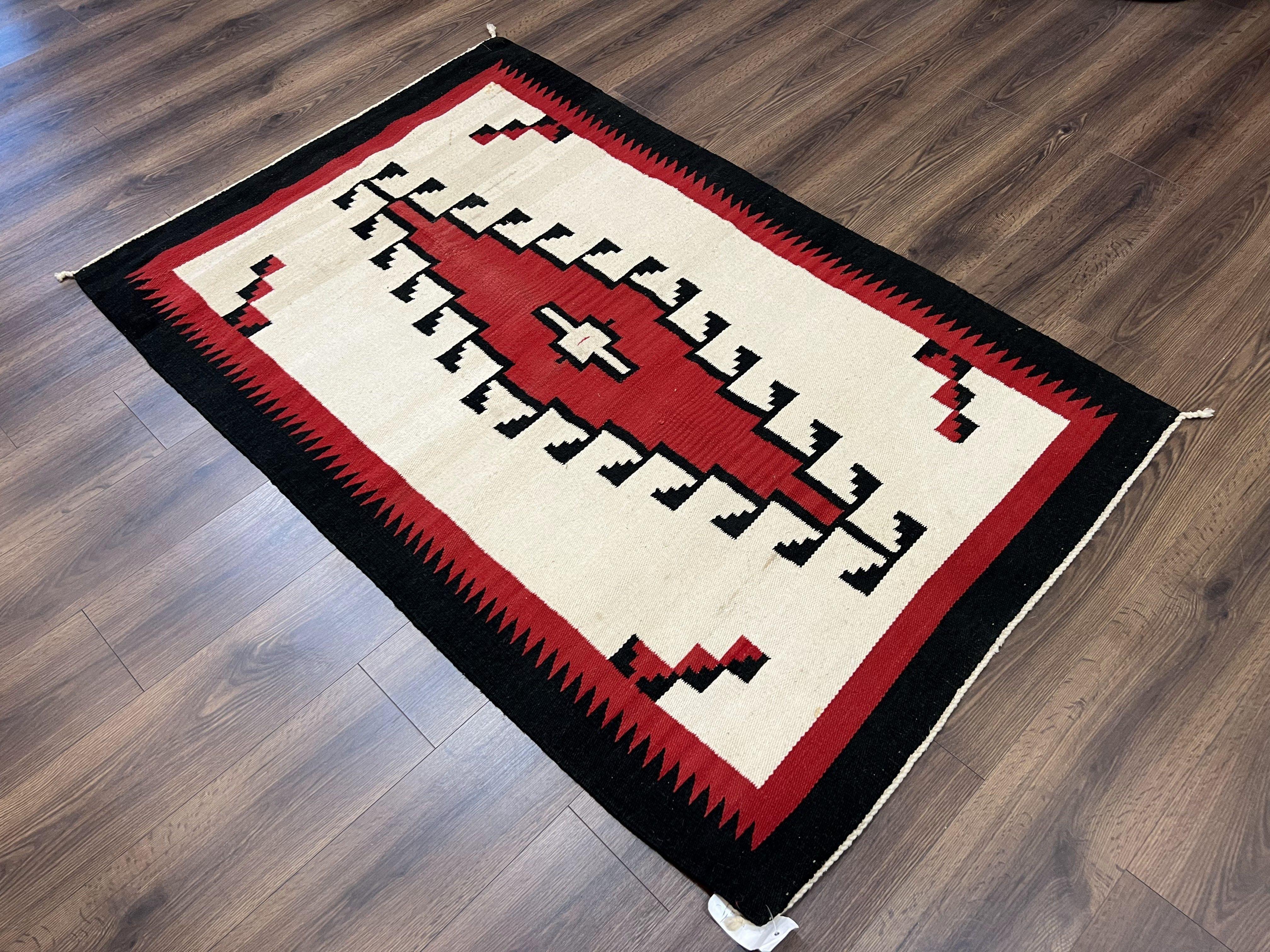 Antique Navajo Rug 4x6, Wool Handwoven Flatweave Collectible Navajo Territory Blanket, Tribal Carpet, Diamond Medallion, Ivory Red Black - Jewel Rugs