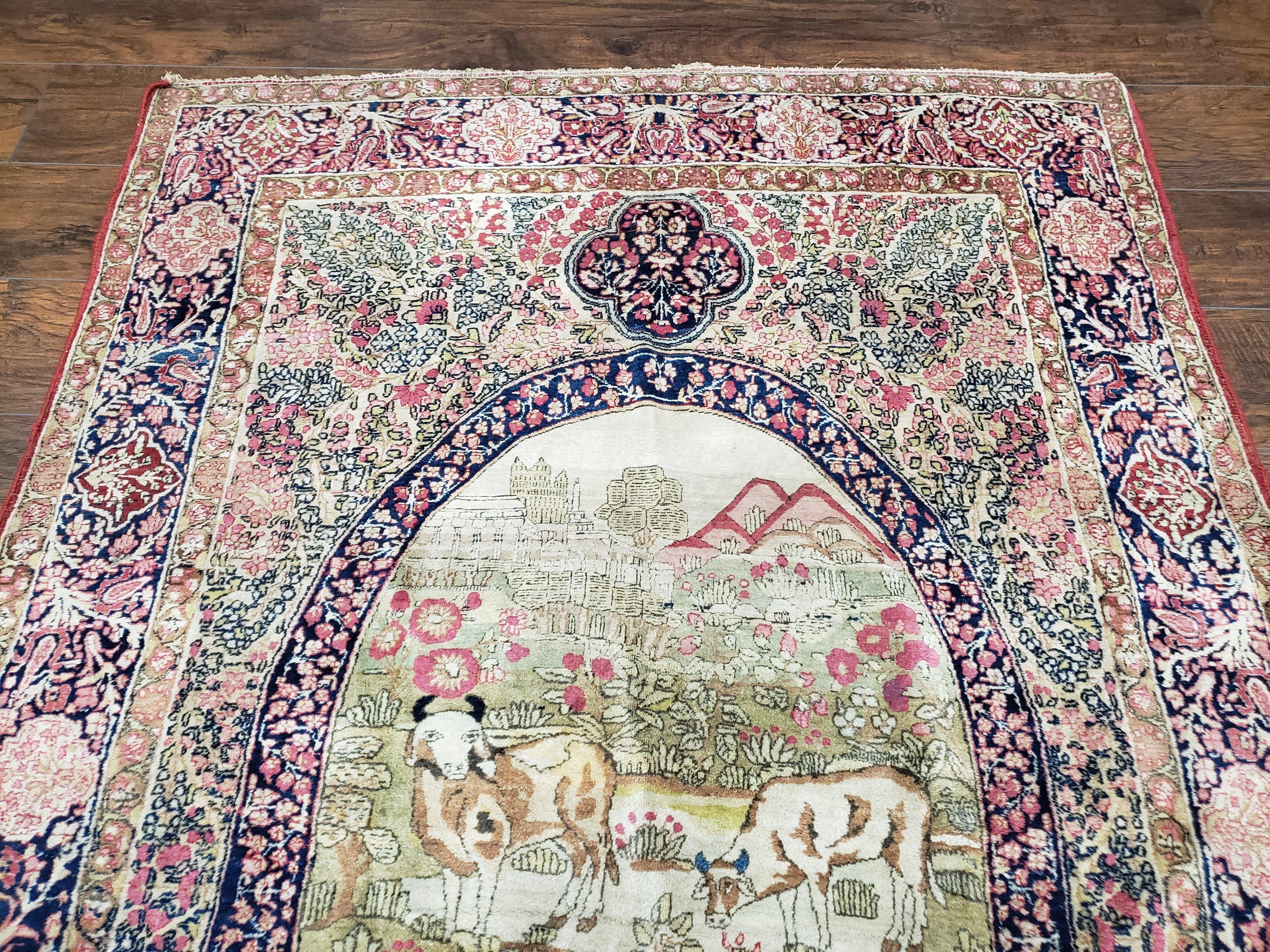 Antique Persian Kirman Rug 4.4 x 7.5, Highly Collectible, Late 19th Early 20th Century Rug, Millefleurs, Cows, Wool Hand Knotted, Pictorial - Jewel Rugs