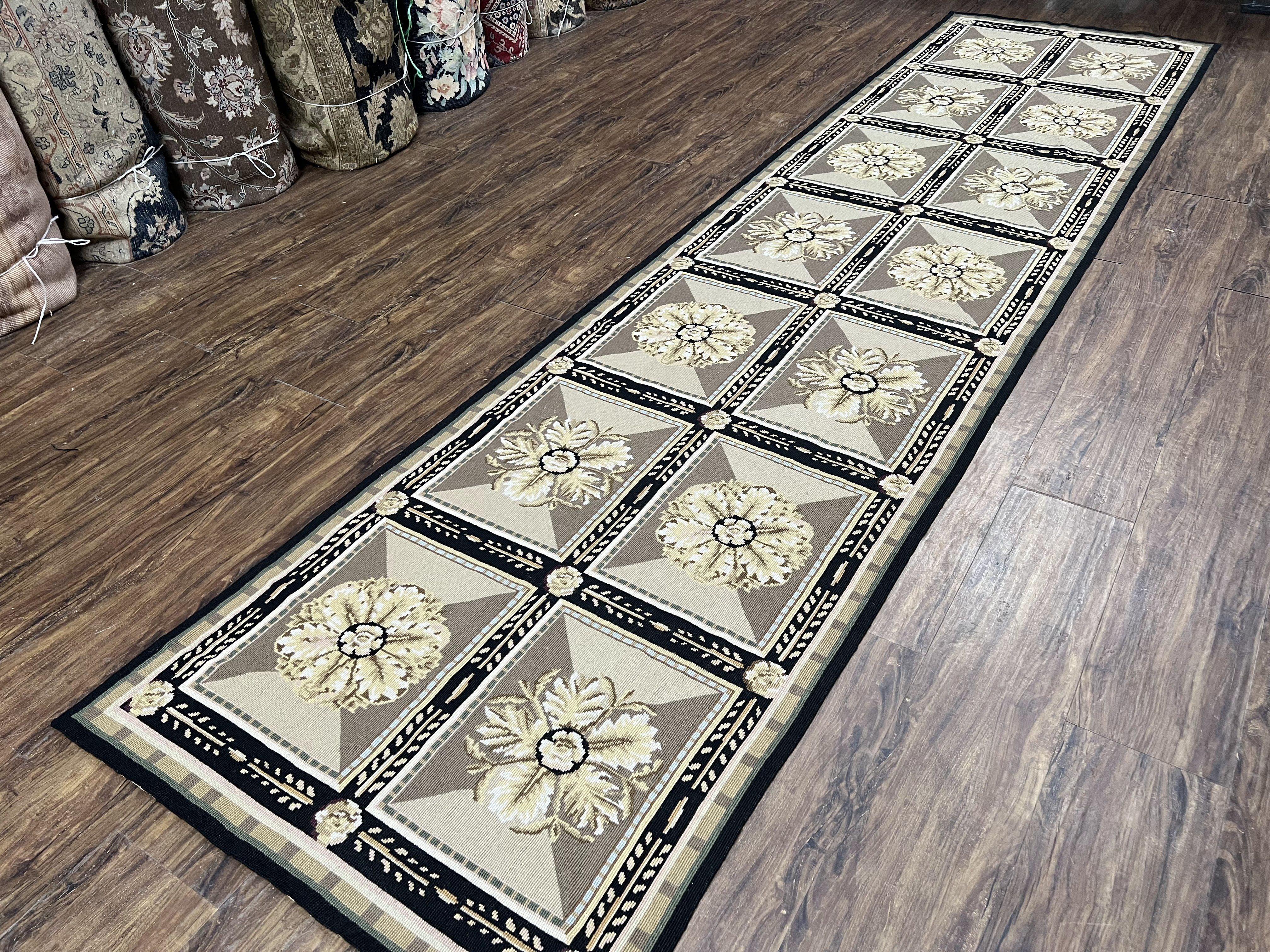 Needlepoint Runner Rug 3x11 English Floral Panel Design Rug, Flatweave Runner Rug, Chinese Runner Rug, Black Beige Wool Hand-Woven Vintage - Jewel Rugs