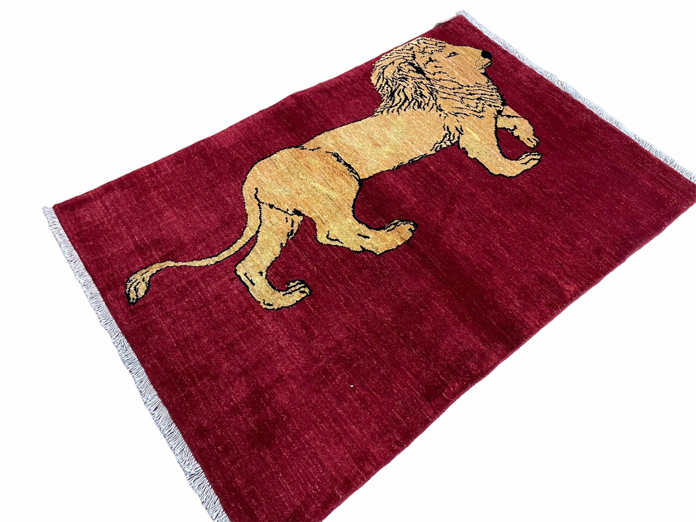 3 X 5 Handmade Hand-Knotted Quality Wool Rug Lion Red Veg Dyes Tribal Pictorial - Jewel Rugs