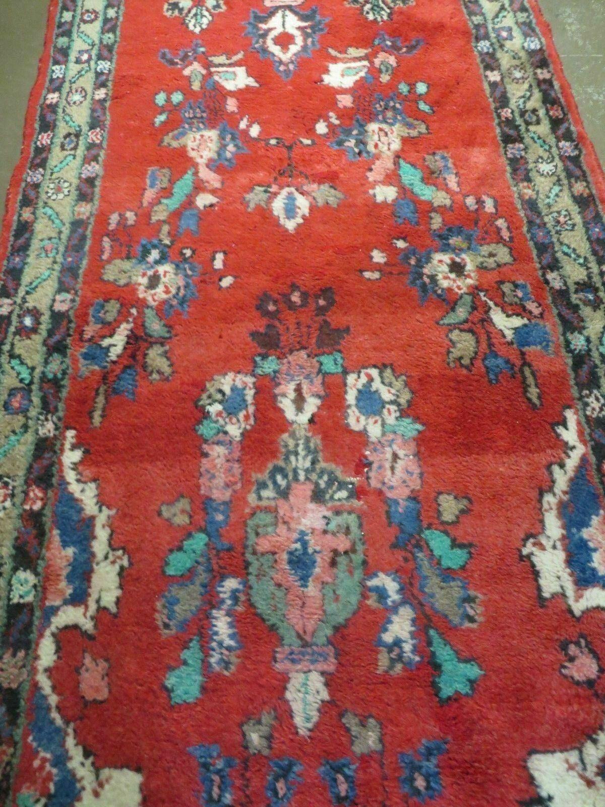 3' 3" X 17' Antique Handmade Indian Wool Runner Rug Red Vegetable Dyes Nice - Jewel Rugs