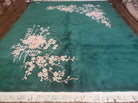 8' X 10' Vintage Handmade Chinese Art Deco Dark Green 120 Line Wool Area Rug with Flowers - Jewel Rugs