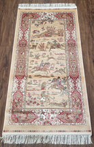 Silk Rug Hunting Design, Silk Oriental Carpet, Persian Design, Tan, 3x5 Rug, Very Detailed, Bamboo Silk, New, Accent Rug, 2' 8" x 4' 11" - Jewel Rugs