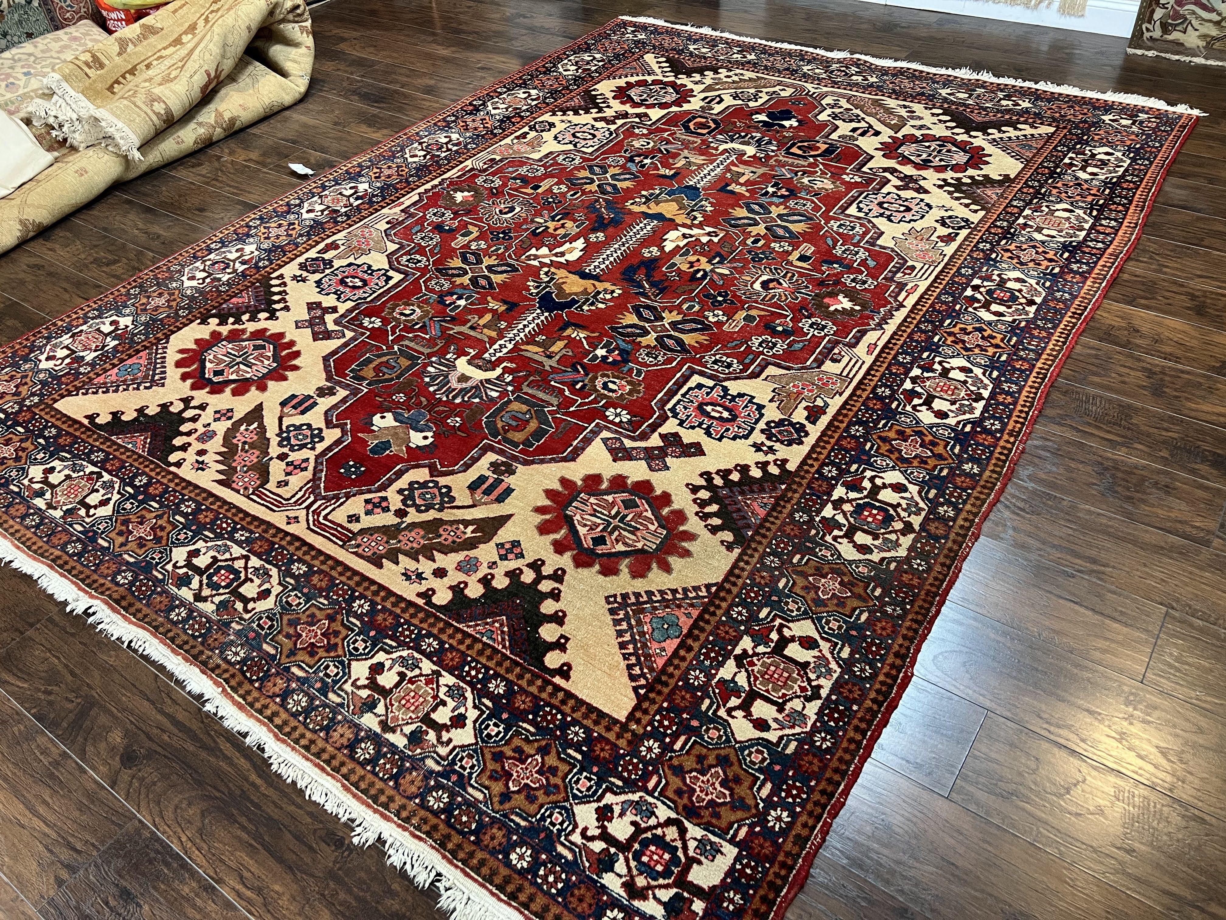 Antique Persian Heriz Rug 8x12 ft, Geometric Tribal Room Sized Carpet, Camel Hair Red Navy Blue, Wool Hand Knotted Medallion Oriental Carpet - Jewel Rugs