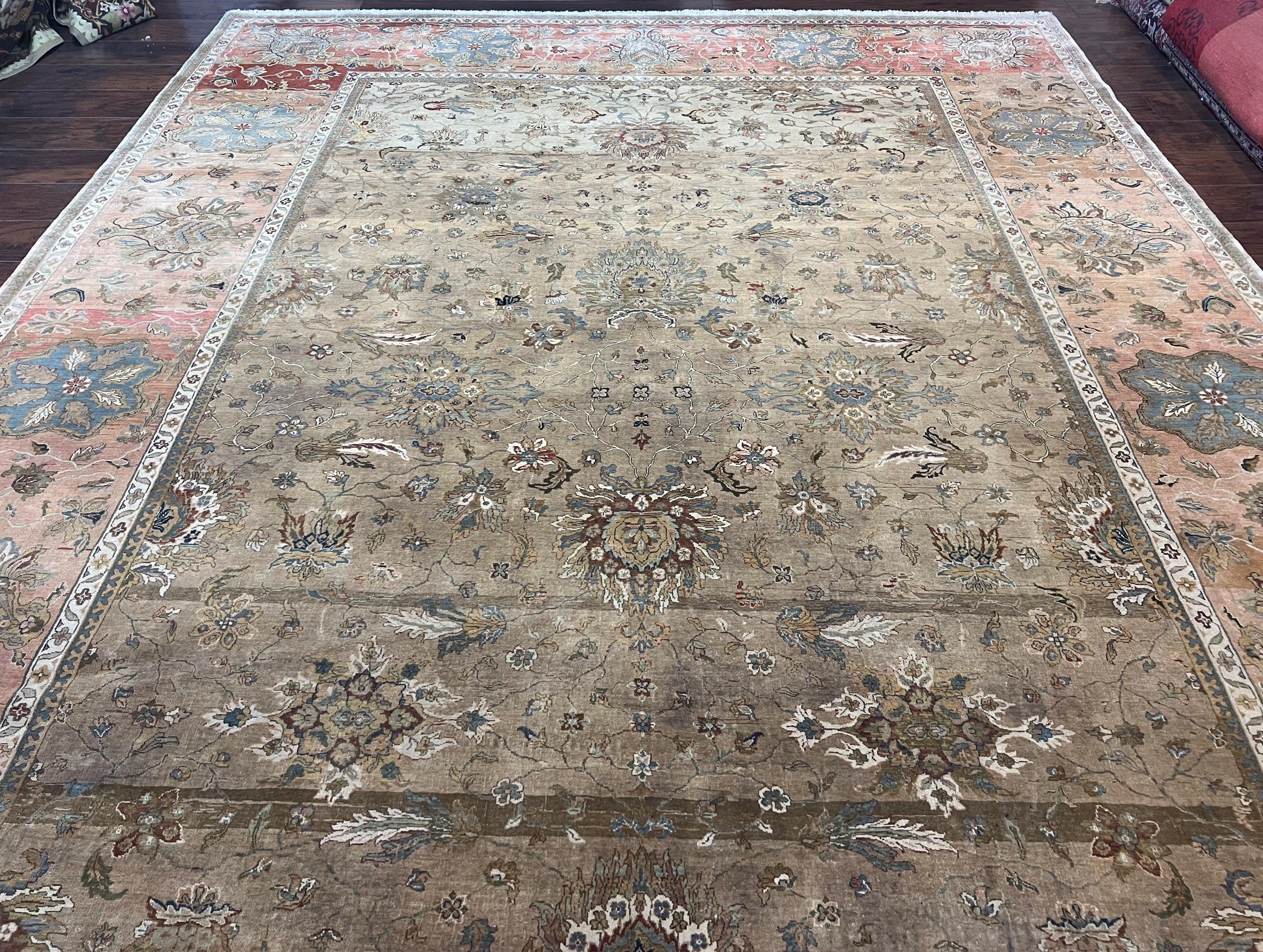 Large Indian Rug 10x14, Hand Knotted Wool Sultanabad Carpet 10 x 14 ft, Laurel Green and Salmon, Floral Allover Room Sized Handmade Rug - Jewel Rugs