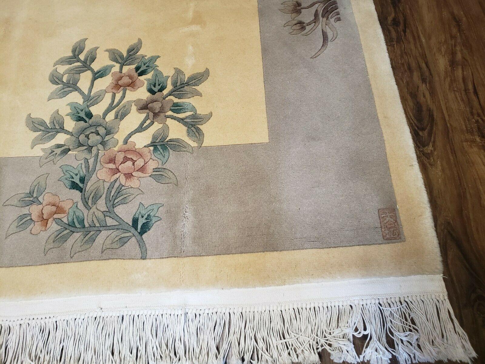 6' X 9' Vintage Handmade Chinese Art Deco 120 Lines Wool Rug Flowers Nice Ivory - Jewel Rugs