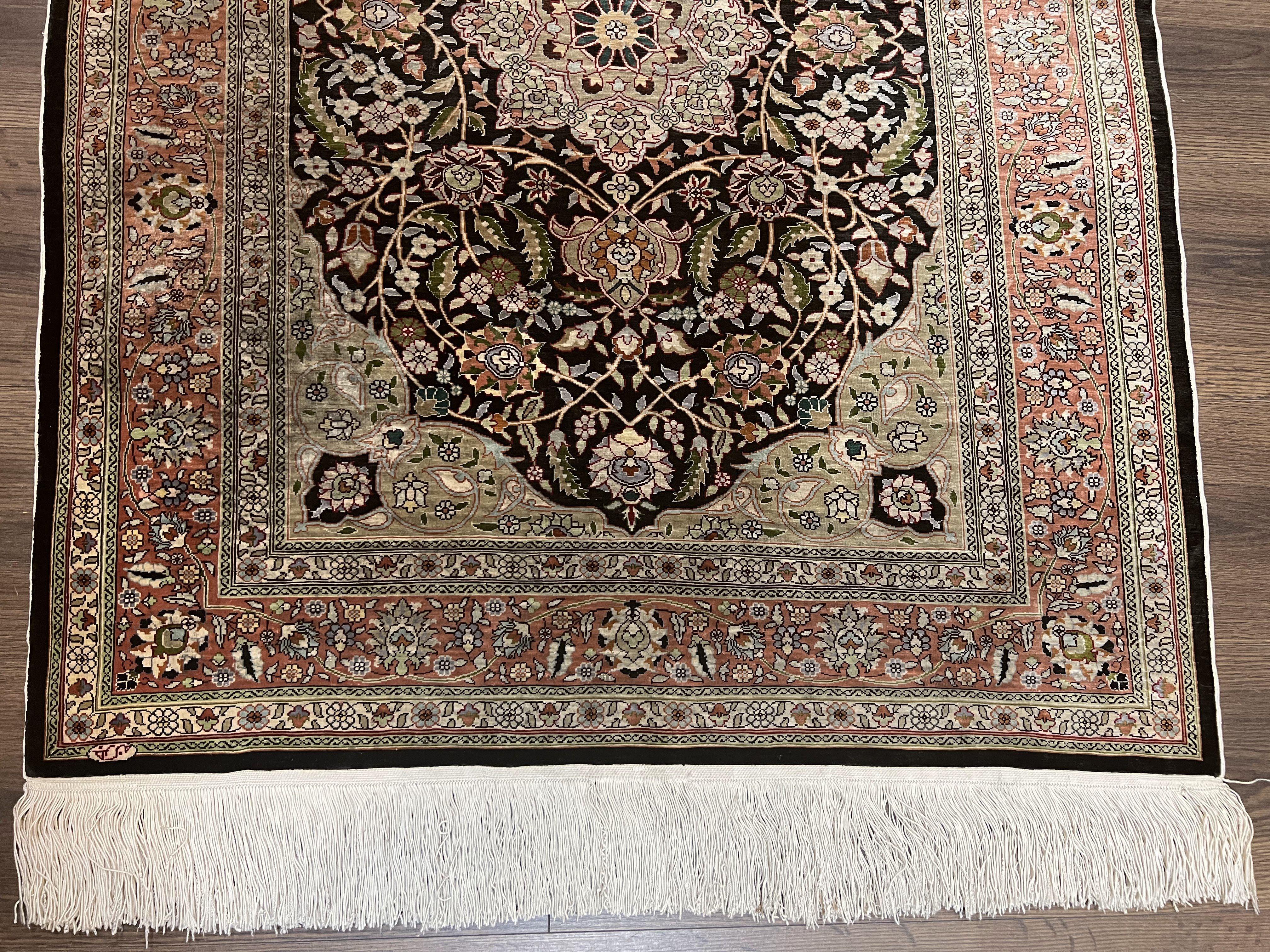 Wonderful Silk Turkish Hereke Rug 3x4, Fine Silk Oriental Carpet, Authentic Hereke Rug, Signature from Master Weaver, Floral Medallion Black - Jewel Rugs