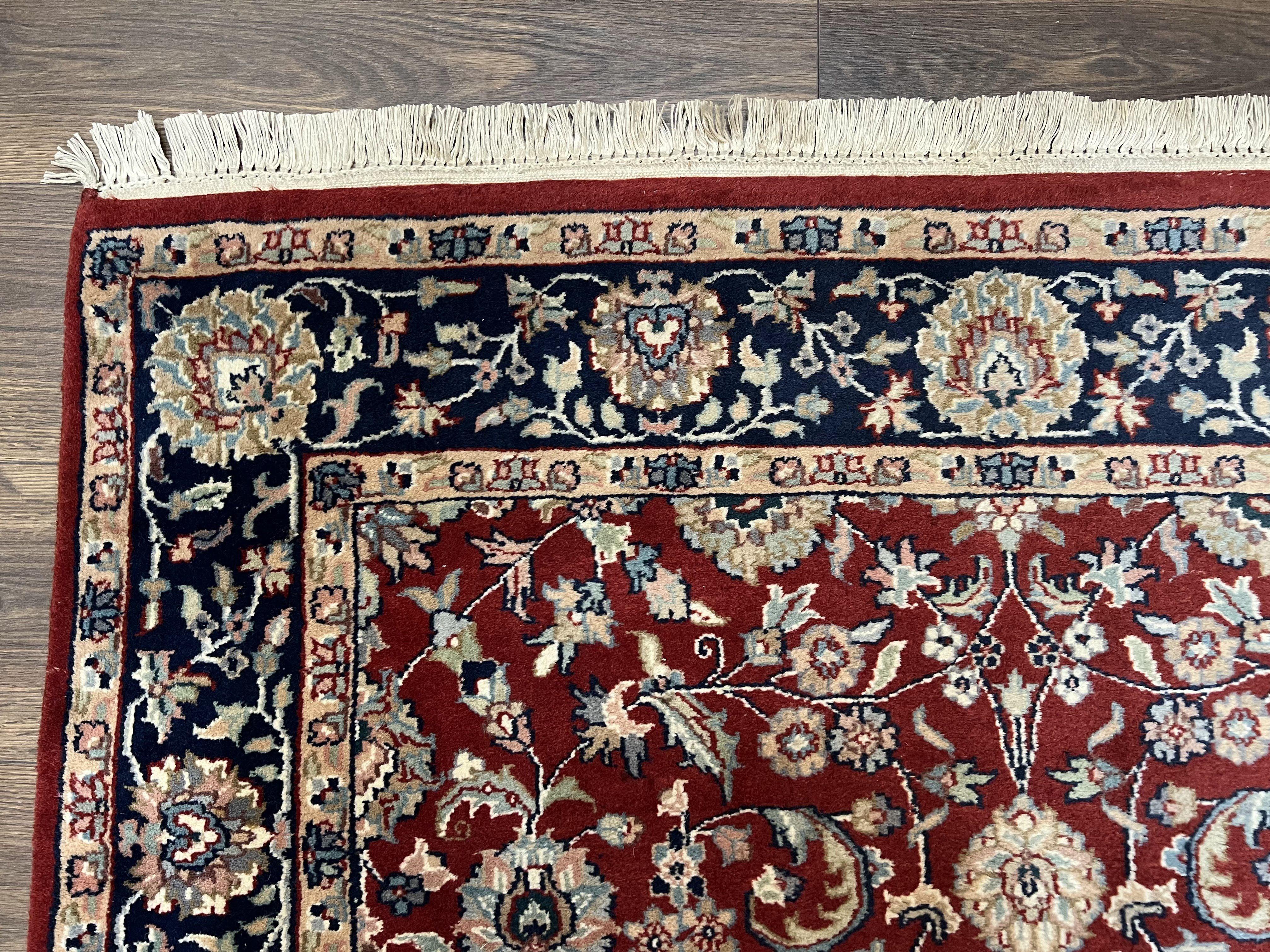 Vintage Indo Persian Runner Rug 4x10, Wool Hand-Knotted Oriental Carpet, Red Dark Blue Indian Rug, Allover Floral, Hallway Rug, Traditional - Jewel Rugs