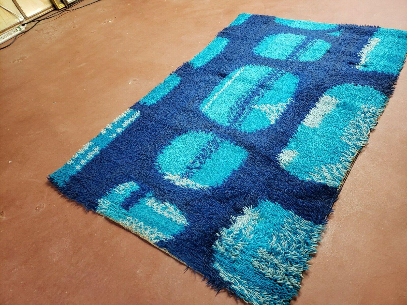 3' 3" X 5' 2" Vintage Danish Rya Shag DeLuxe Ege Rug Mid-Century Modern Blue - Jewel Rugs