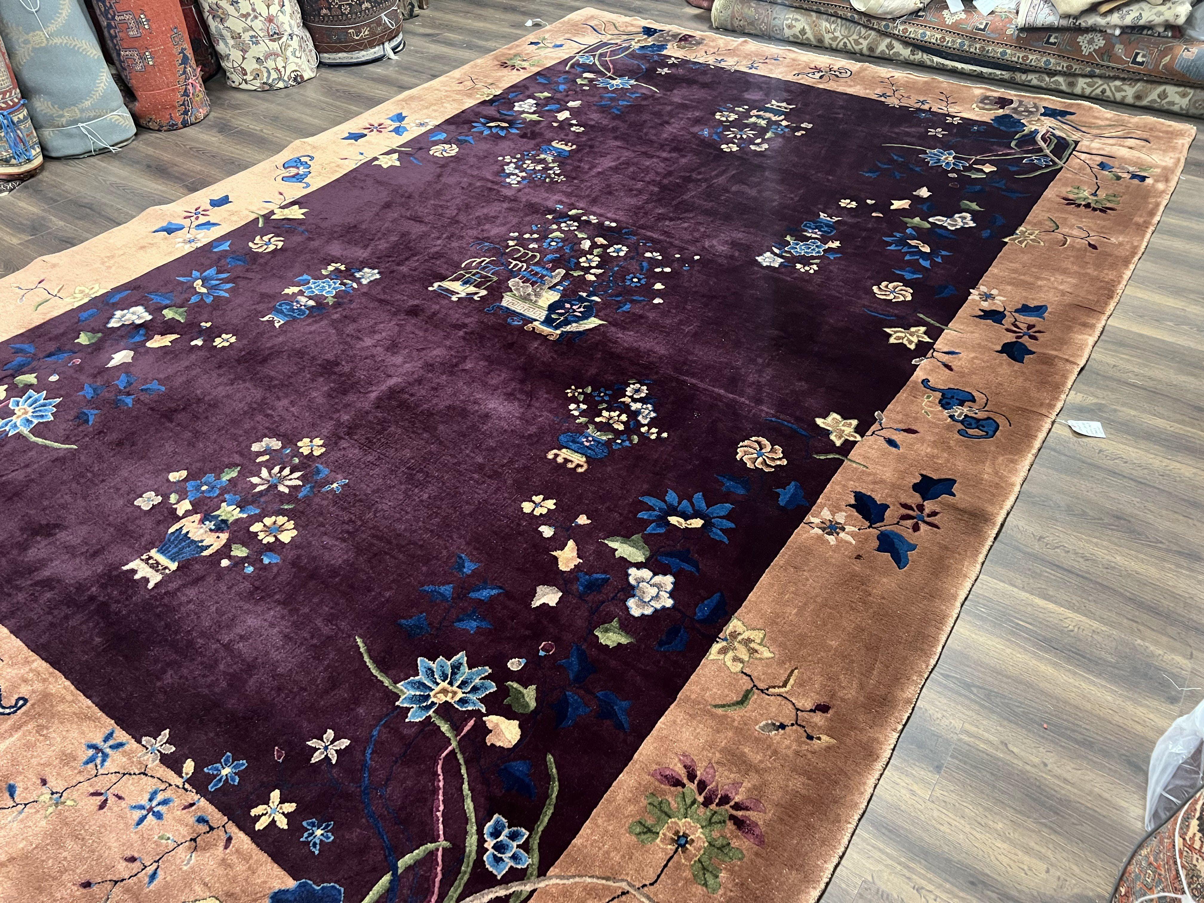 Antique Chinese Peking Rug 10x15, Purple and Tan Art Deco Carpet, Large Asian Oriental Wool Chinese Fete Hand Knotted Early 20th Century Rug - Jewel Rugs