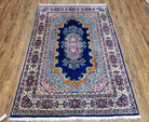 Vintage Indian Kirman Area Rug 4x7 - 5x7, Wool Hand-Knotted, Blue & Ivory Indo Persian Oriental Carpet, Medallion Rug, Office Room Rug - Jewel Rugs