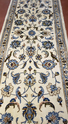 Vintage Persian Kashan Runner, 3 x 8 ft, Ivory & Light Blue, Birds, Wool, Hand-Knotted - Jewel Rugs