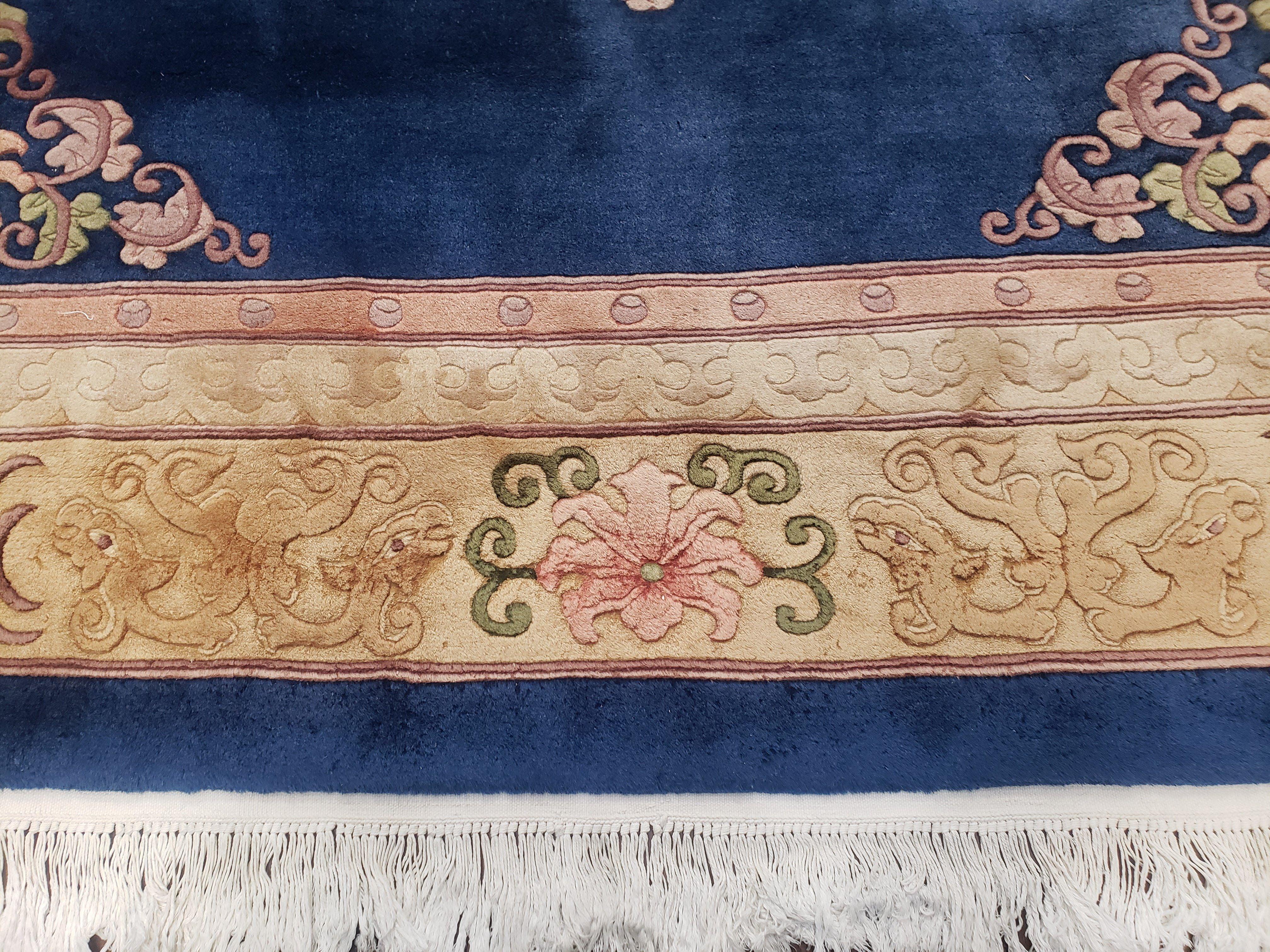 Vintage Chinese Art Deco Area Rug 10x13, Hand-Knotted Wool Chinese Blue & Cream Carving 90 Line Asian Carpet, Soft Art Deco 10 x 13 Rug Nice - Jewel Rugs