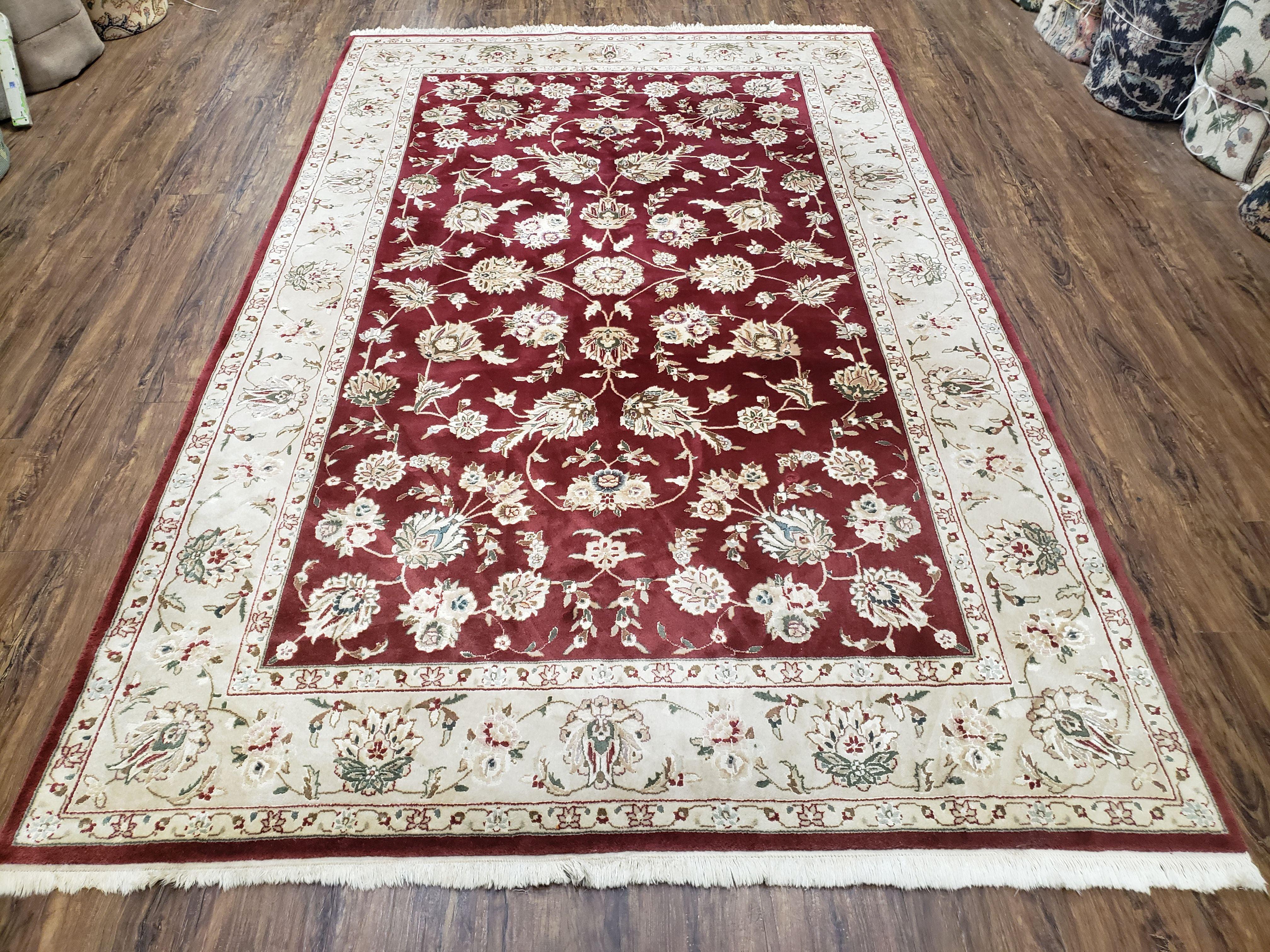 Vintage Traditional Oriental Area Rug, Hand-Knotted, Wool & Silk Accents, Maroon Red and Beige, 6x9 Carpet, 5' 9" x 9' - Jewel Rugs