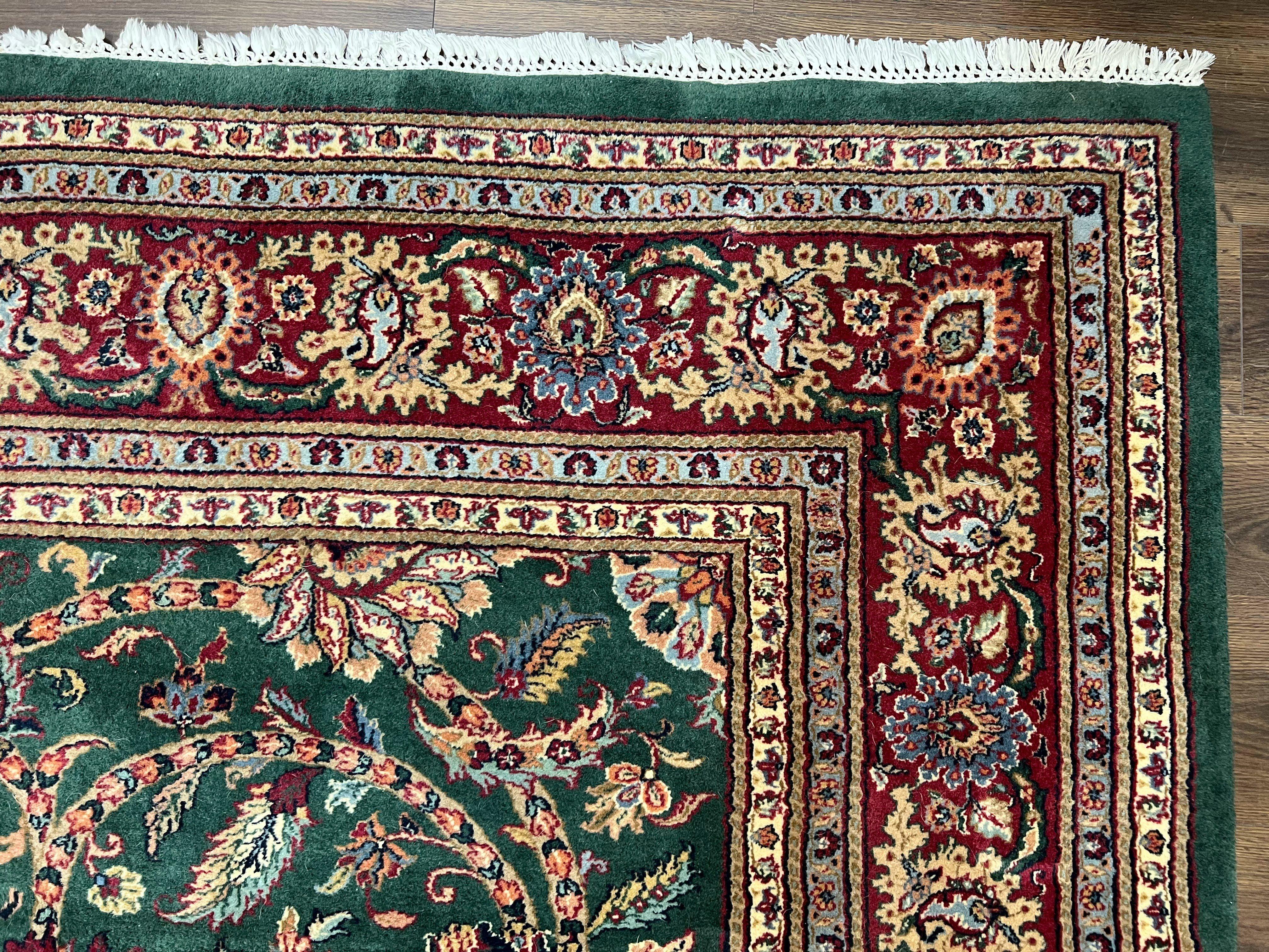 Indo Mahal Rug 9x12, Green and Red Hand Knotted Wool Oriental Carpet, Allover Floral Vintage Carpet, 9 x 12 Traditional Area Rug Handmade - Jewel Rugs