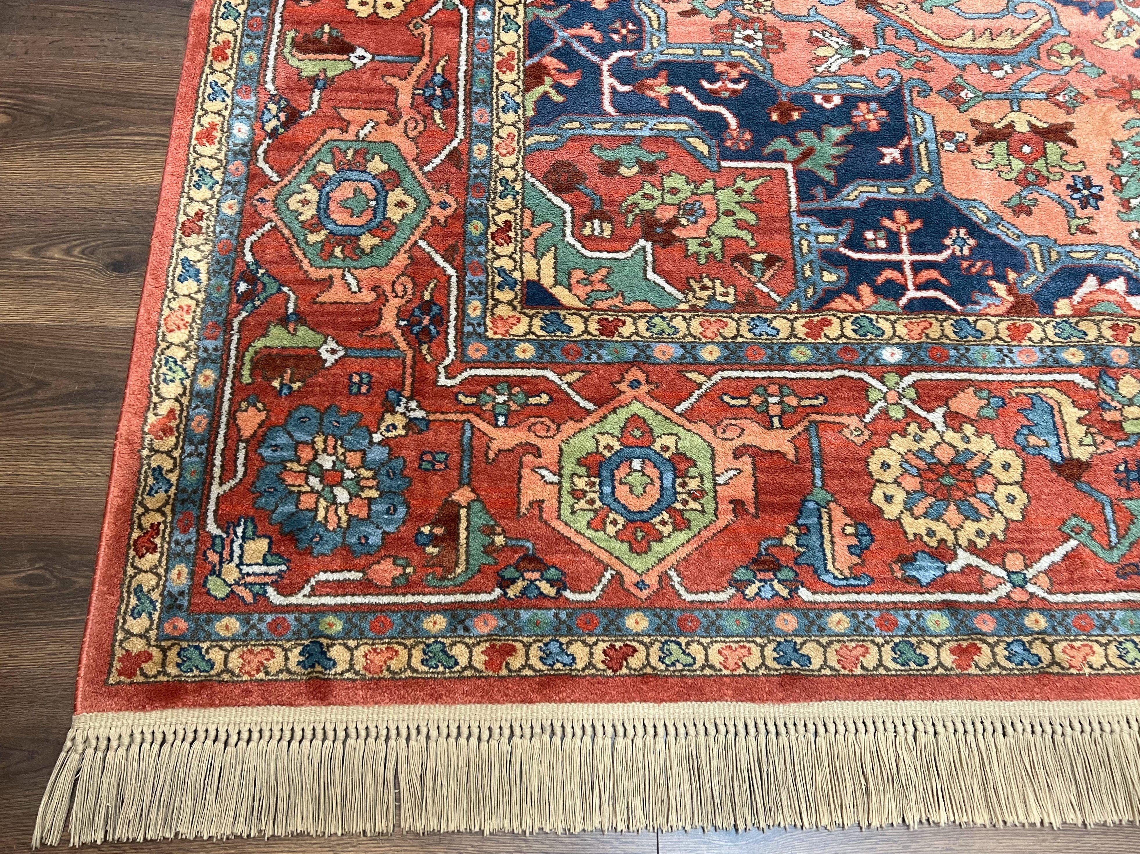 Karastan Medallion Serapi Rug #736, Vintage Wool Karastan Carpet 8.8 x 12, Discontinued Original 700 Series Karastan Area Rug, Red Blue - Jewel Rugs