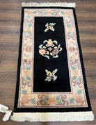 Small Chinese Wool Rug 2.6 x 4.7, Black Asian Oriental Rug, Floral Vases Vintage 1960s Handmade Carpet, 3x5 Art Deco Rug, 90 Line Rug - Jewel Rugs