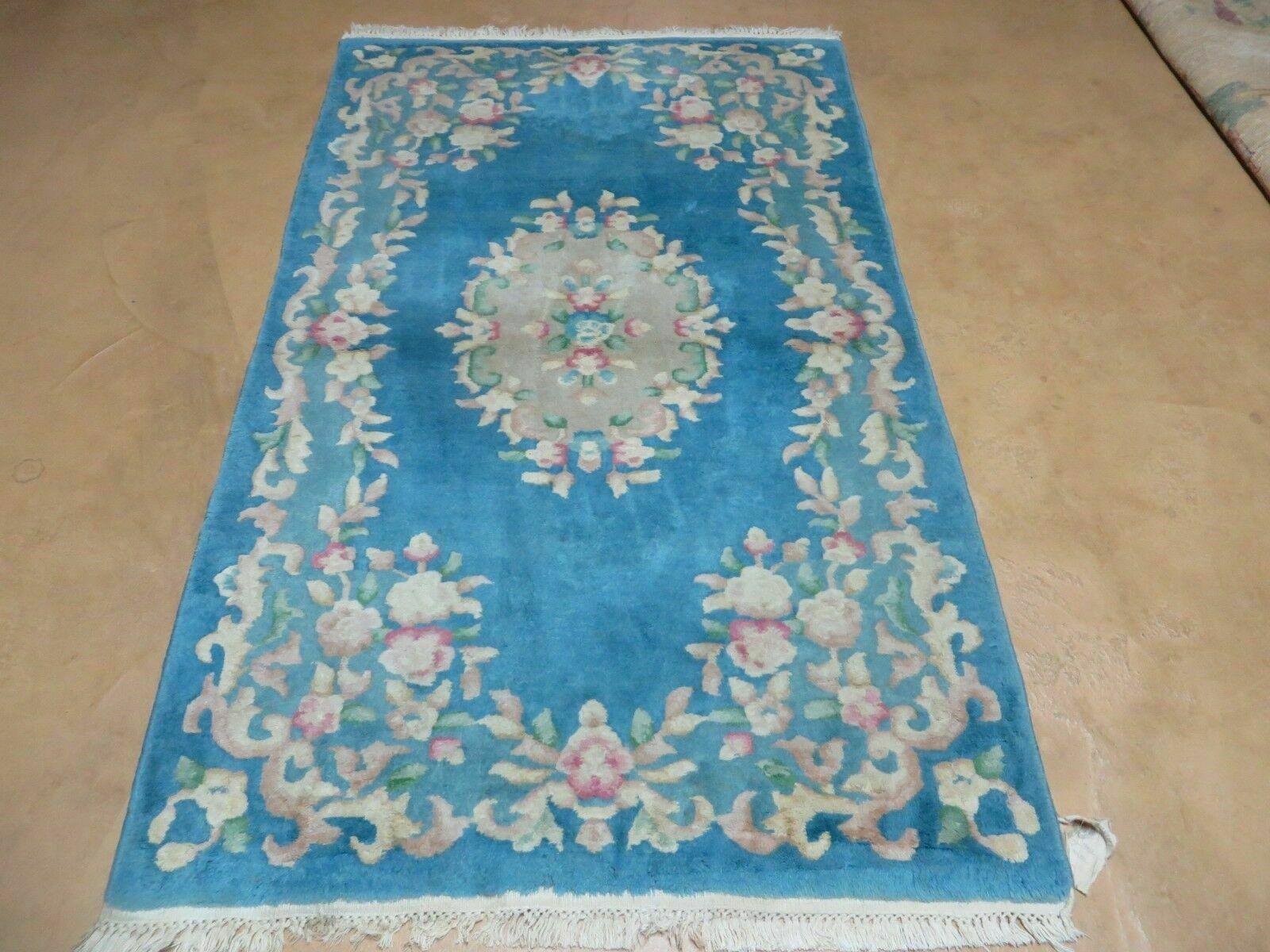 3' X 5' Vintage Handmade Art Deco Chinese Wool Rug Nice Sky Blue - Jewel Rugs