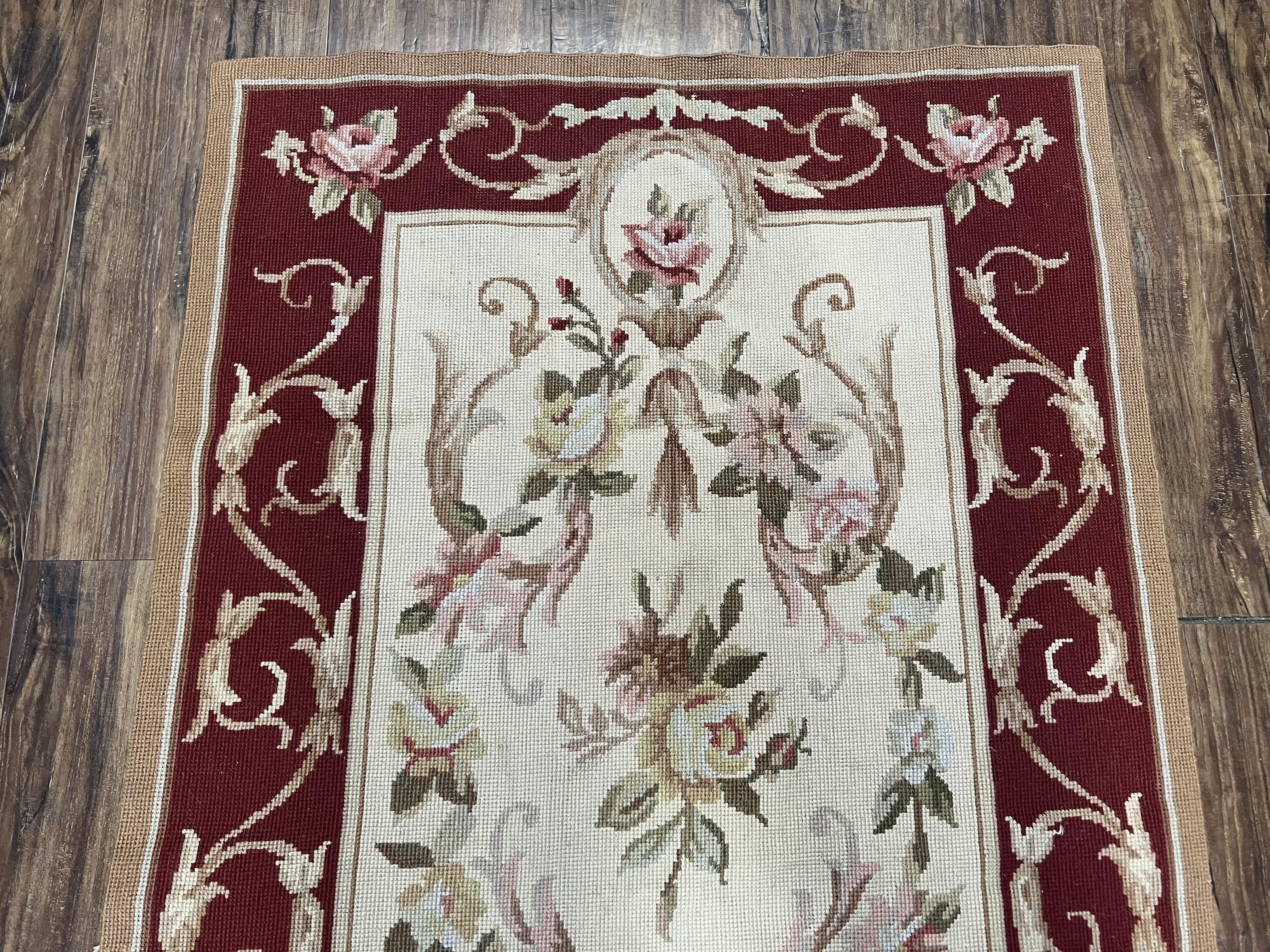 Needlepoint Runner 2.6 x 8 ft, French European Floral Vintage Rug, Beige/Cream Maroon Pink Flowers, Flatweave Runner 8 ft Long Hand Woven - Jewel Rugs