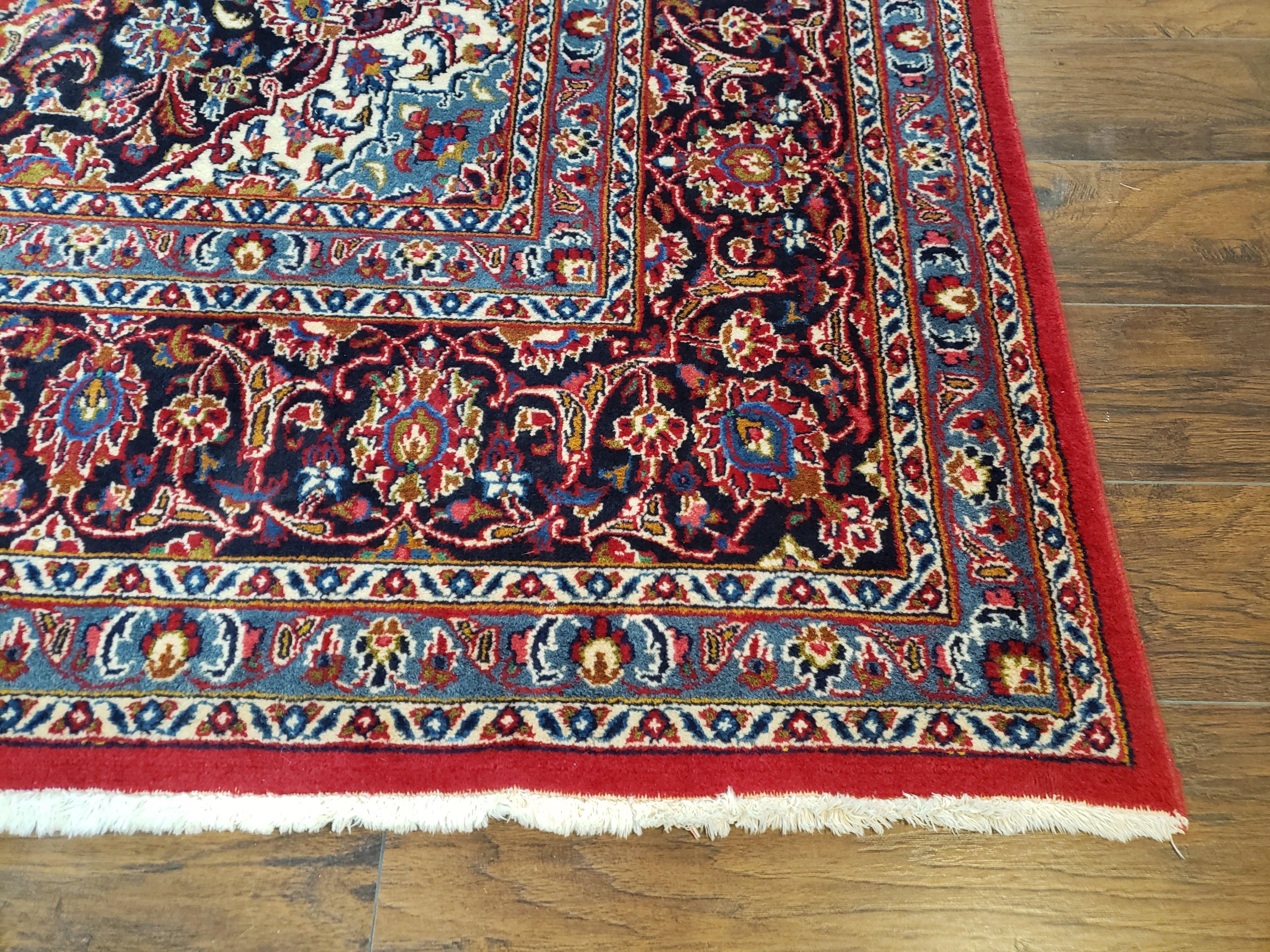 Persian Kashan Rug 9.6 x 13.5, Red and Blue Antique Persian Carpet, Hand Knotted, Medallion Allover Floral, High Quality Large Wool Carpet - Jewel Rugs