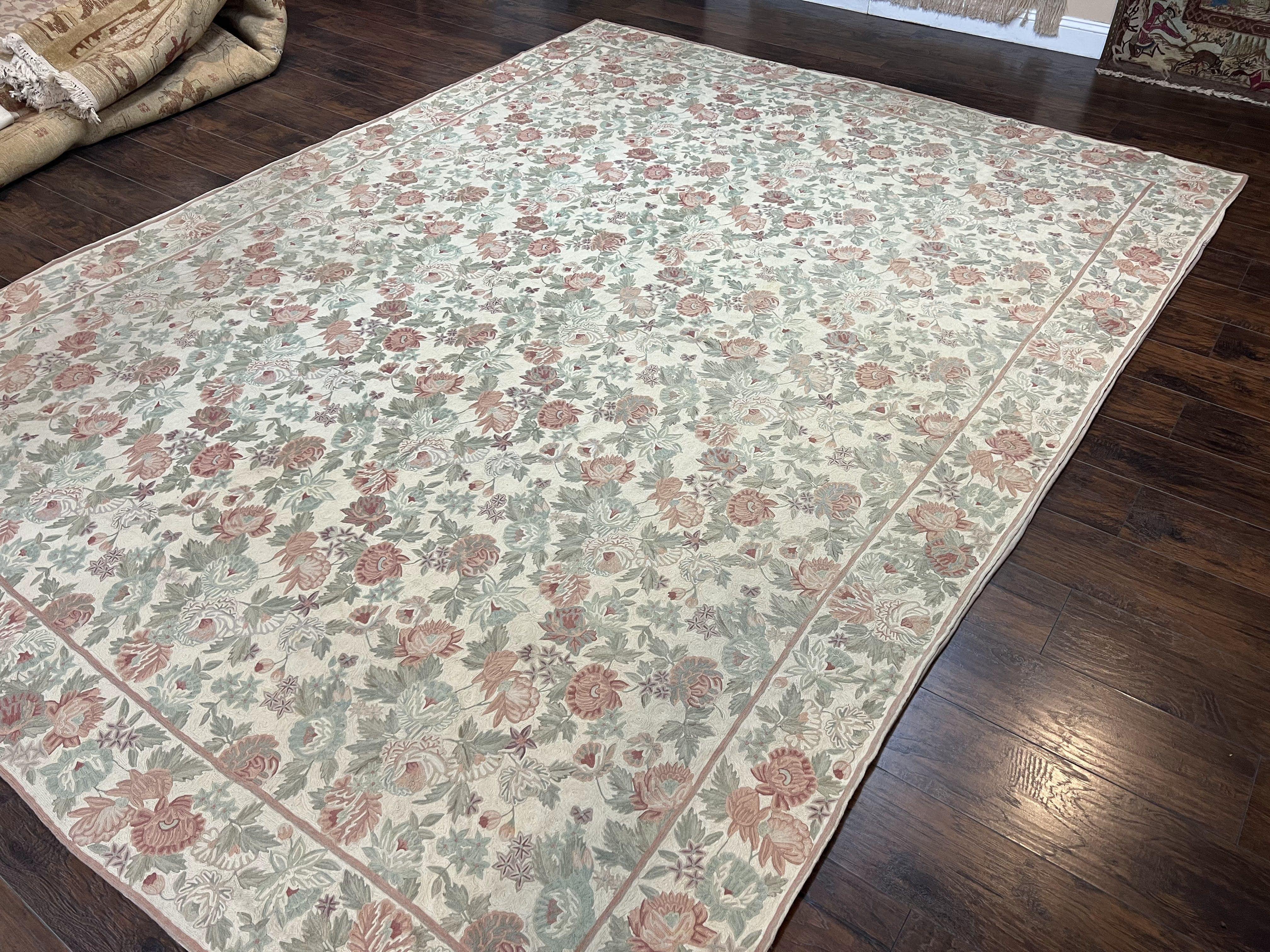 Indian Hand Stitched Rug 9x12, Floral Allover, Vintage Chain Stitched Wool Carpet, Cream Rose Pink Green, Large Flatweave Area Rug 9 x 12 ft - Jewel Rugs