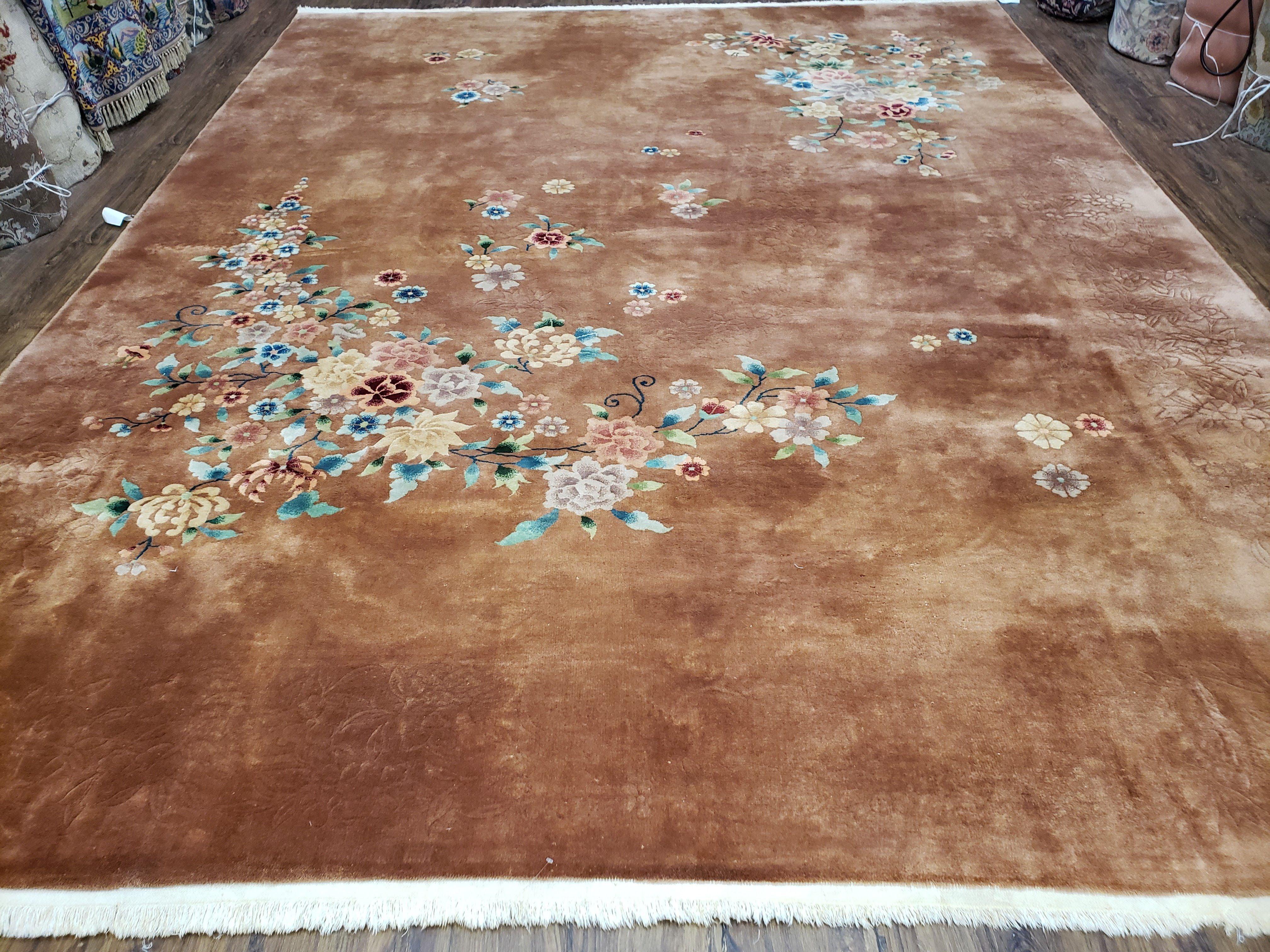 Antique Chinese Art Deco Rug, 9x11 - 9x12 Rug, Light Brown and Multicolor Flowers, Nichols Rug, Asian Deco Rug, Wool Handmade Room Sized Rug - Jewel Rugs