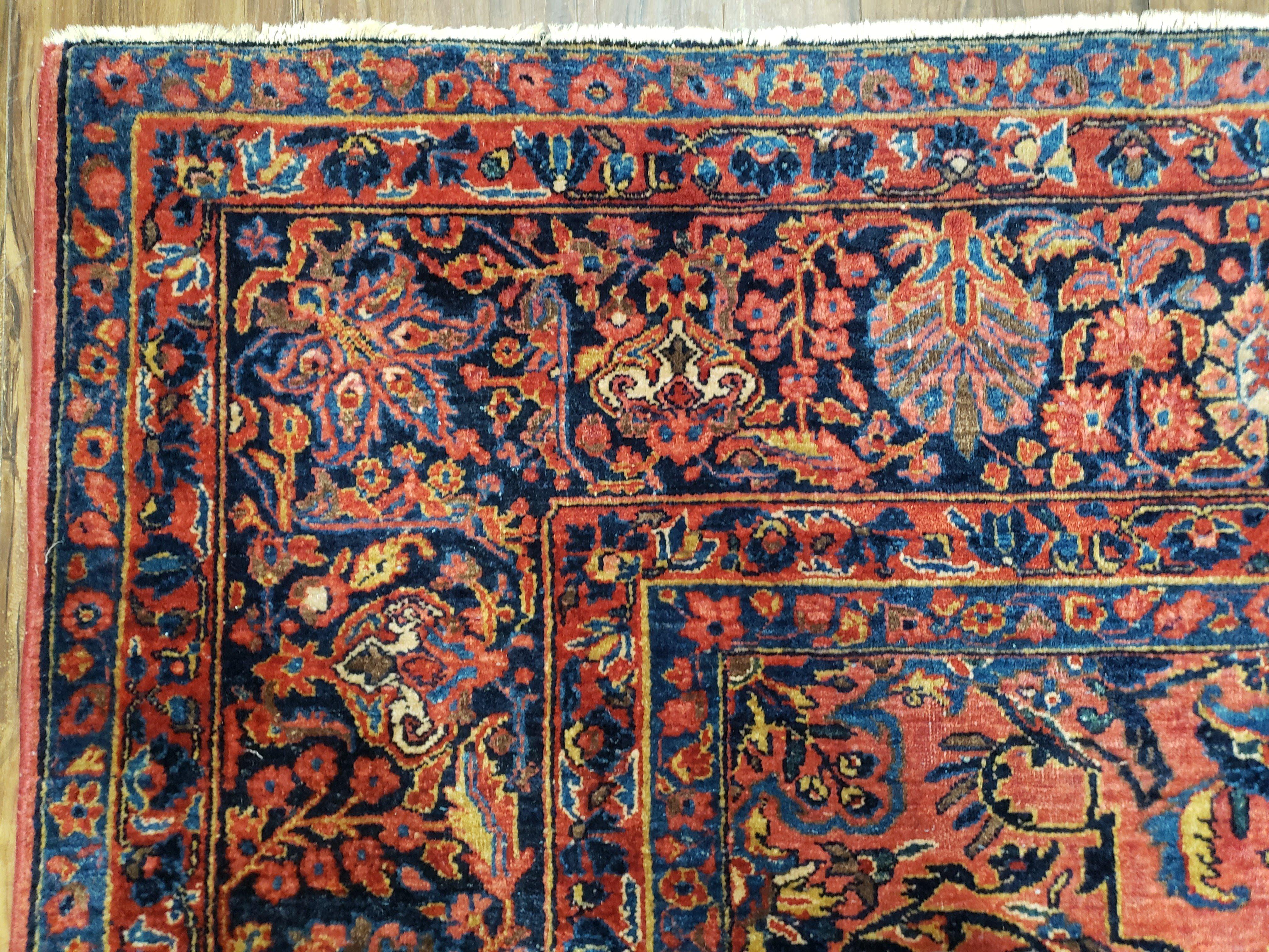 Antique Persian Oriental Rug 9x12, Room Sized 1920s Persian Area Rug, Hand-Knotted Fine Unique Carpet, Wool, Red Blue & Beige, Farmhouse Rug - Jewel Rugs