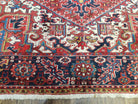 Antique Persian Heriz Rug, Red Dark Blue and Ivory, Wool, Hand-Knotted, Decorative, Tribal, 8' 4" x 11' 3" - Jewel Rugs