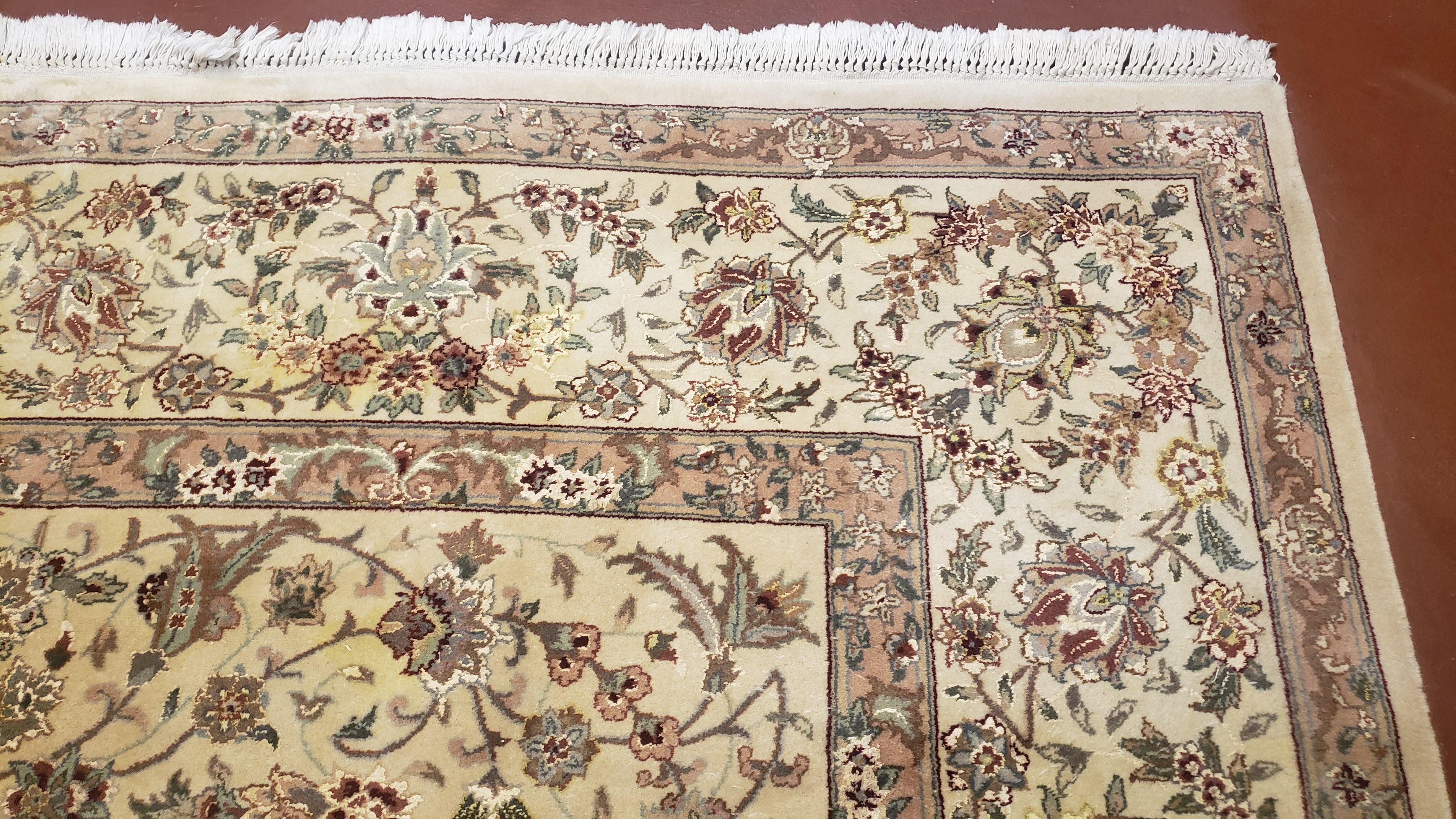 Vintage Oriental Carpet 9x12, Persian Design, Wool with Silk, Finely Hand Knotted, Beige & Teal, Allover Floral Traditional Pattern - Jewel Rugs