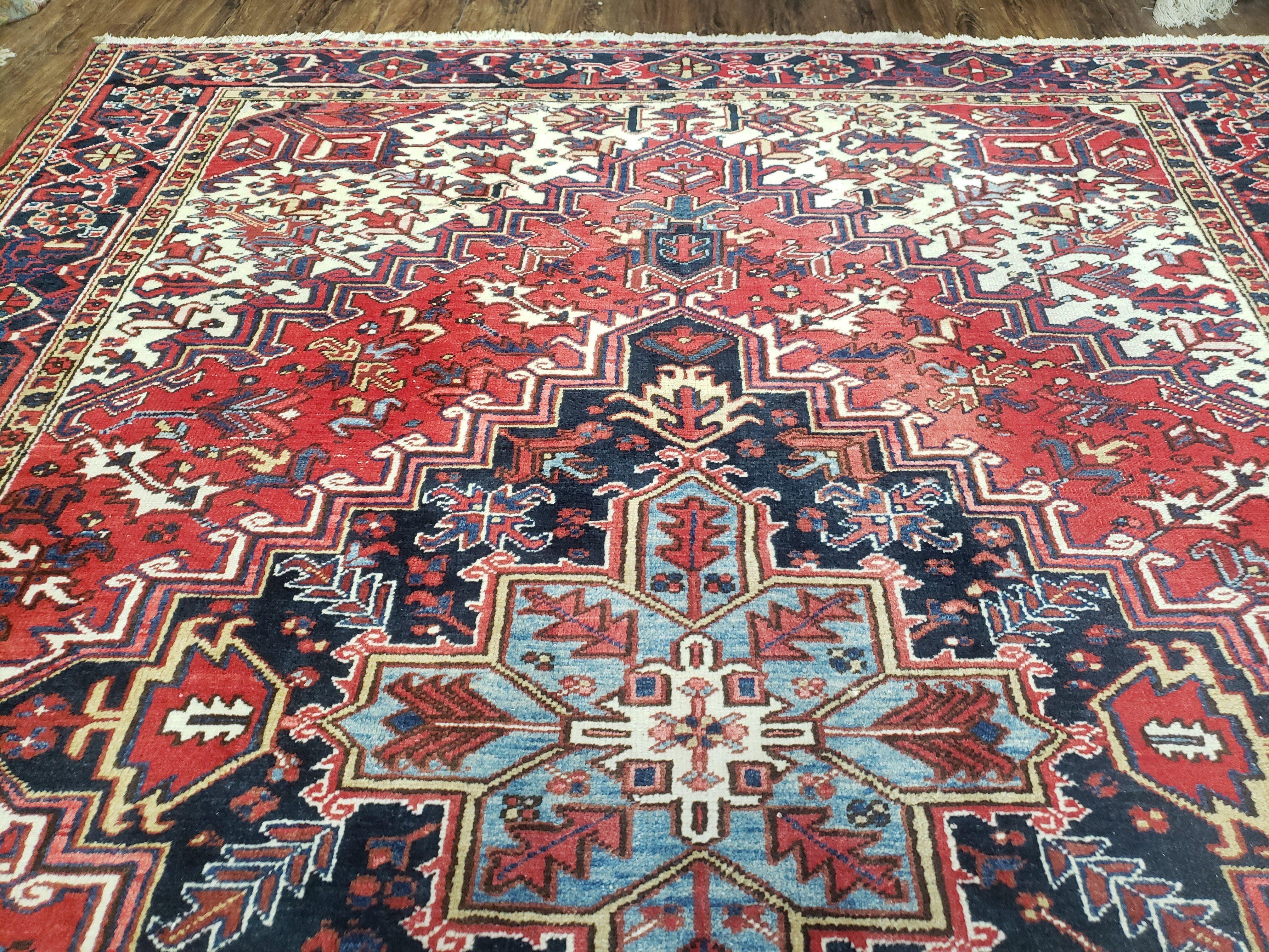 Semi Antique Persian Heriz Rug, Red Ivory & Blue, Hand-Knotted, Wool, 8'4" x 10'8" - Jewel Rugs