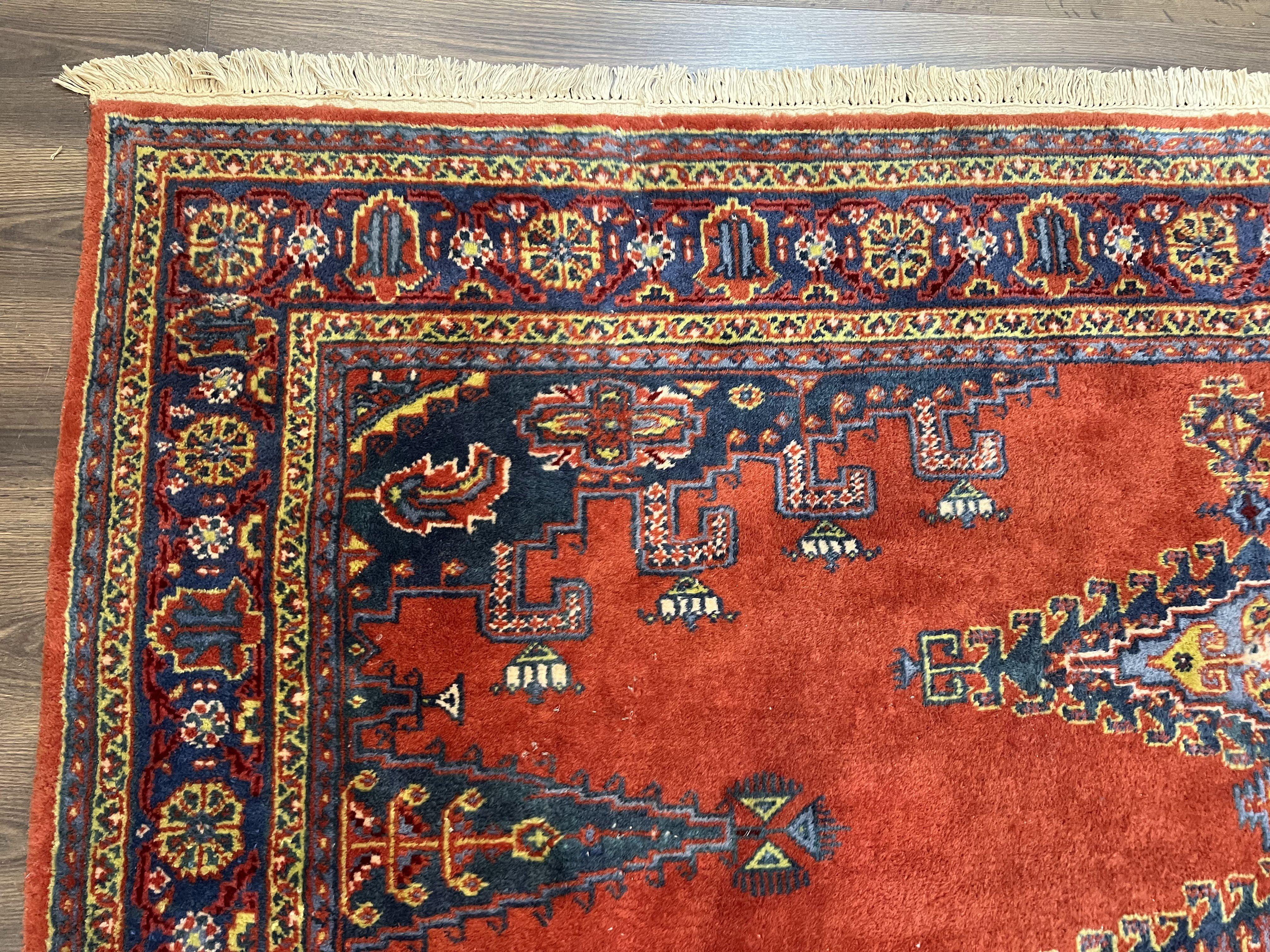 Square Persian Rug 7.7 x 7.3, Red and Blue Persian Wiss/Viss Hand Knotted Carpet, Antique Wool Oriental Tribal Rug, Boho Rug, Geometric Medallions - Jewel Rugs