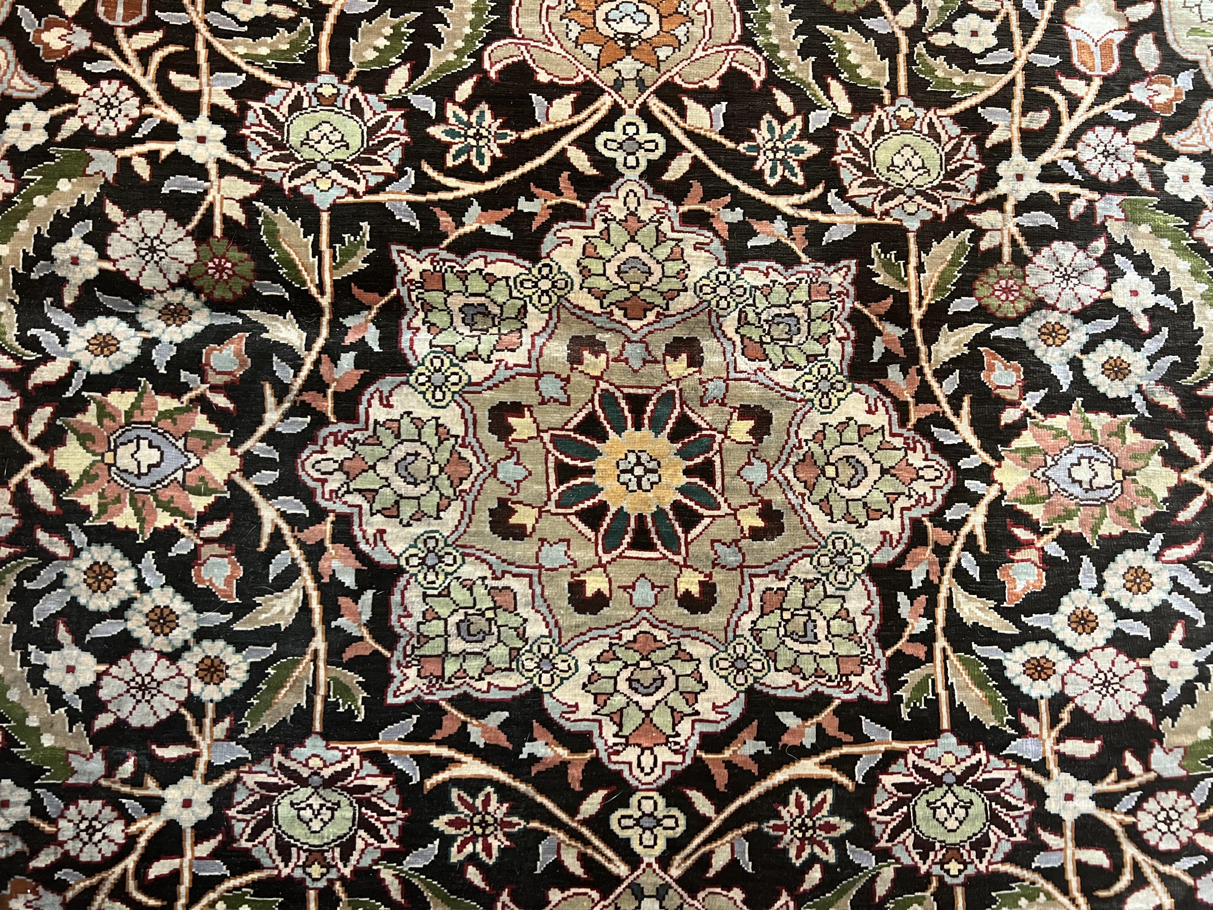 Wonderful Silk Turkish Hereke Rug 3x4, Fine Silk Oriental Carpet, Authentic Hereke Rug, Signature from Master Weaver, Floral Medallion Black - Jewel Rugs