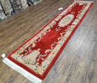 Vintage Chinese Carving Runner Rug 2'4" x 10', Wool Hand-Knotted Red & Beige Asian Art Deco Oriental Carpet, 10ft Soft Hallway Runner Rug - Jewel Rugs