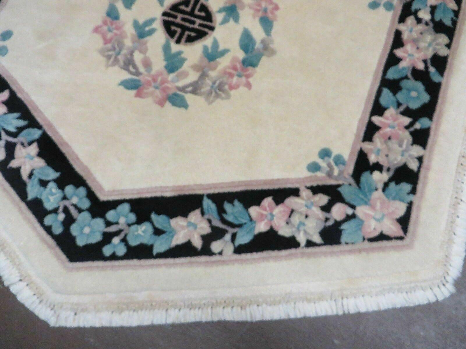 4' 7" X 4' 7" Vintage Handmade Chinese Floral Oriental Hexagon Wool Rug Carpet - Jewel Rugs