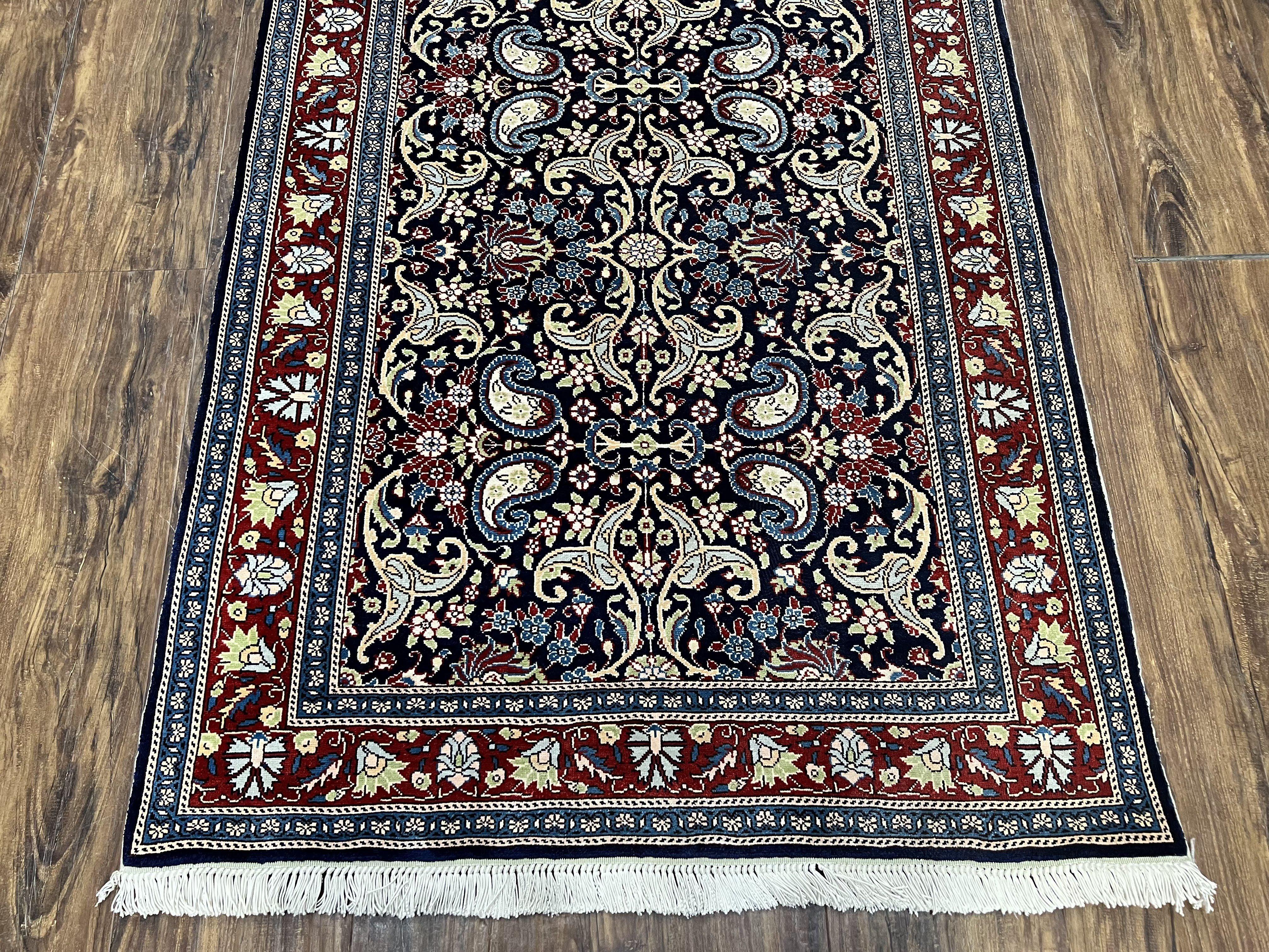 Turkish Silk Rug 3x4, Vintage Silk Carpet, Repeated Boteh Paisely Floral, Black Red Blue Fine Small Silk Rug 3 x 4 Hand Knotted Oriental Rug - Jewel Rugs