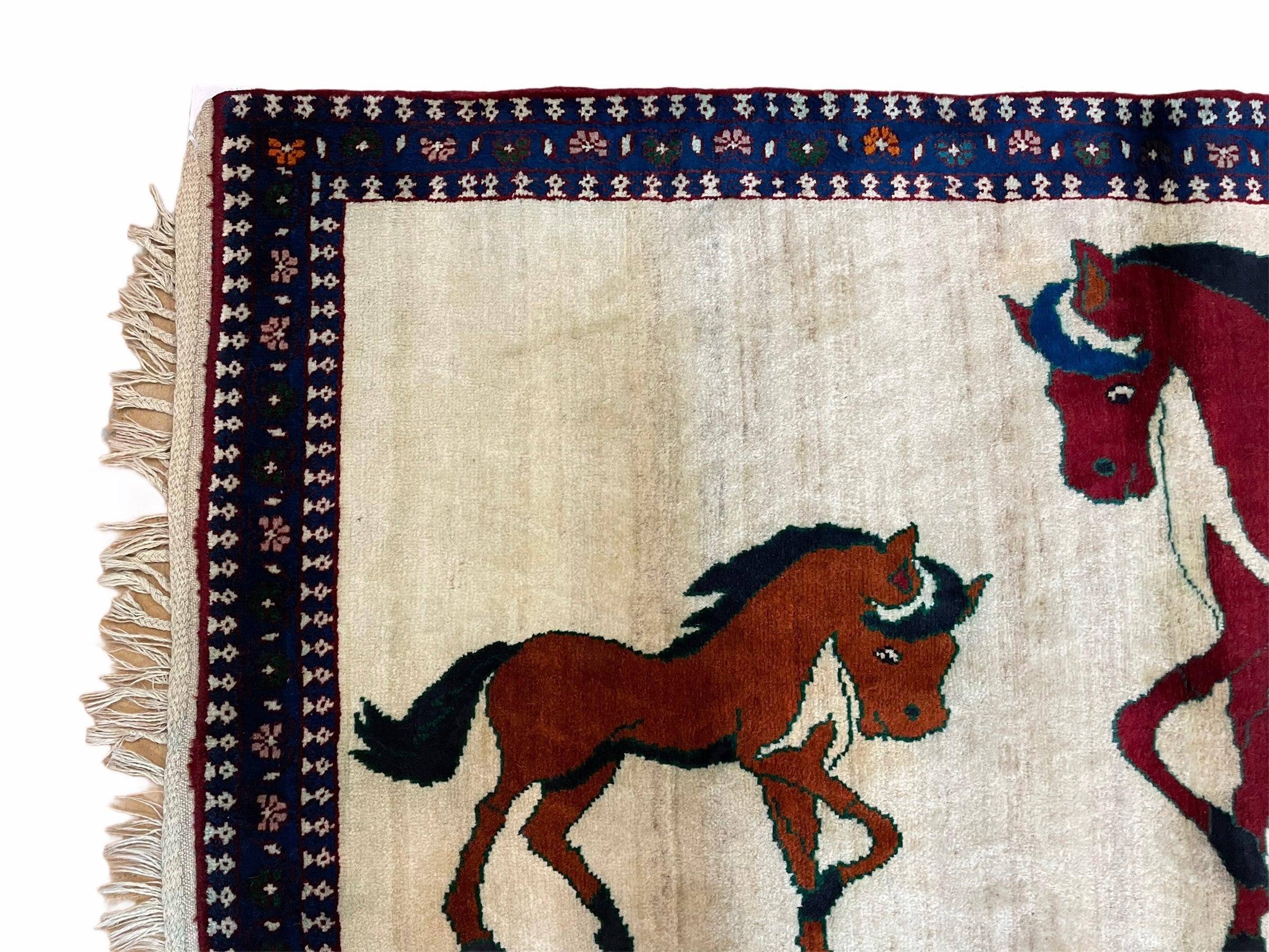 3.5 X 5 Handmade Hand-Knotted Quality Wool Pictorial Brown Horses Animal Rug - Jewel Rugs