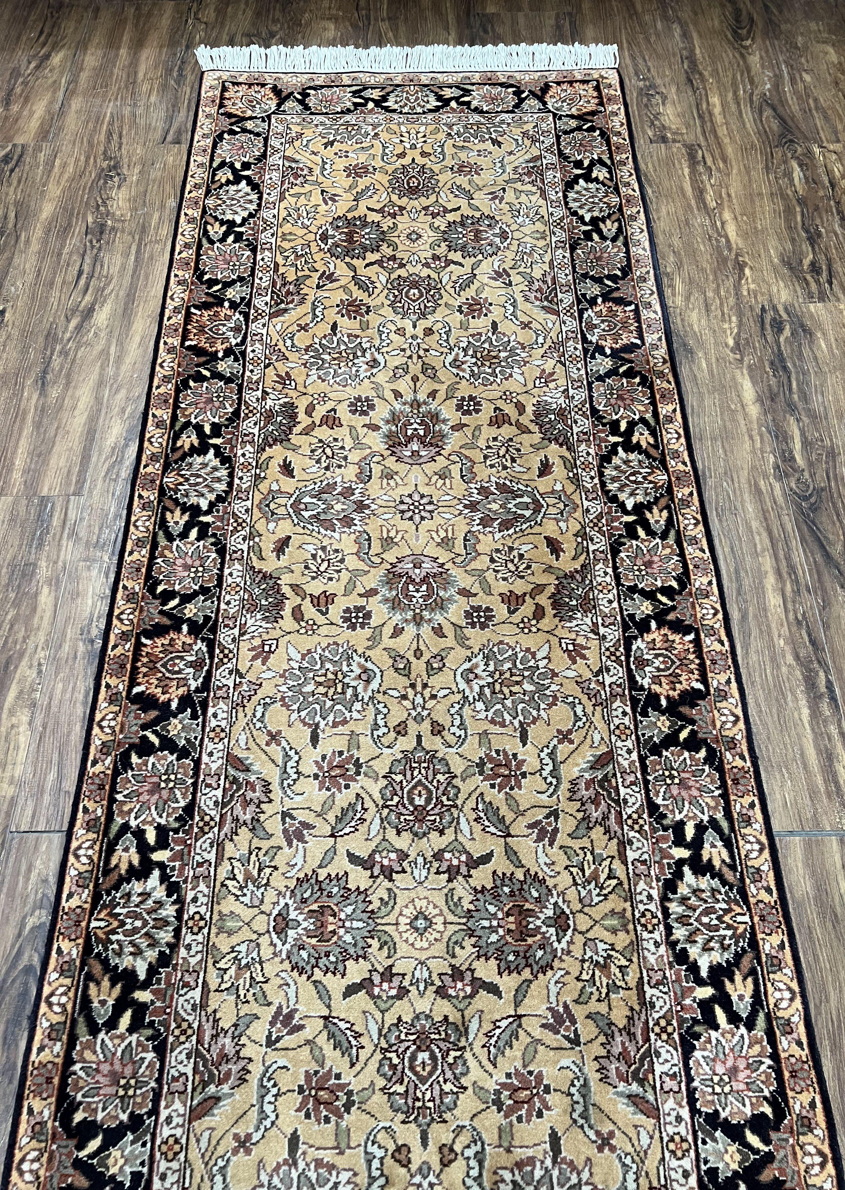 Sino Persian Runner Rug 3 x 10 ft Oriental Runner, Hand Knotted Vintage Hallway Rug, High Quality Wool 10ft Runner, Tan Black Allover Floral - Jewel Rugs