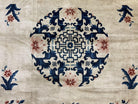 Chinese Peking Rug 9x12, Large Asian Oriental Carpet, Semi Antique Vintage Cream and Navy Blue Hand Knotted Wool Chinese Area Rug 9 x 12 ft - Jewel Rugs