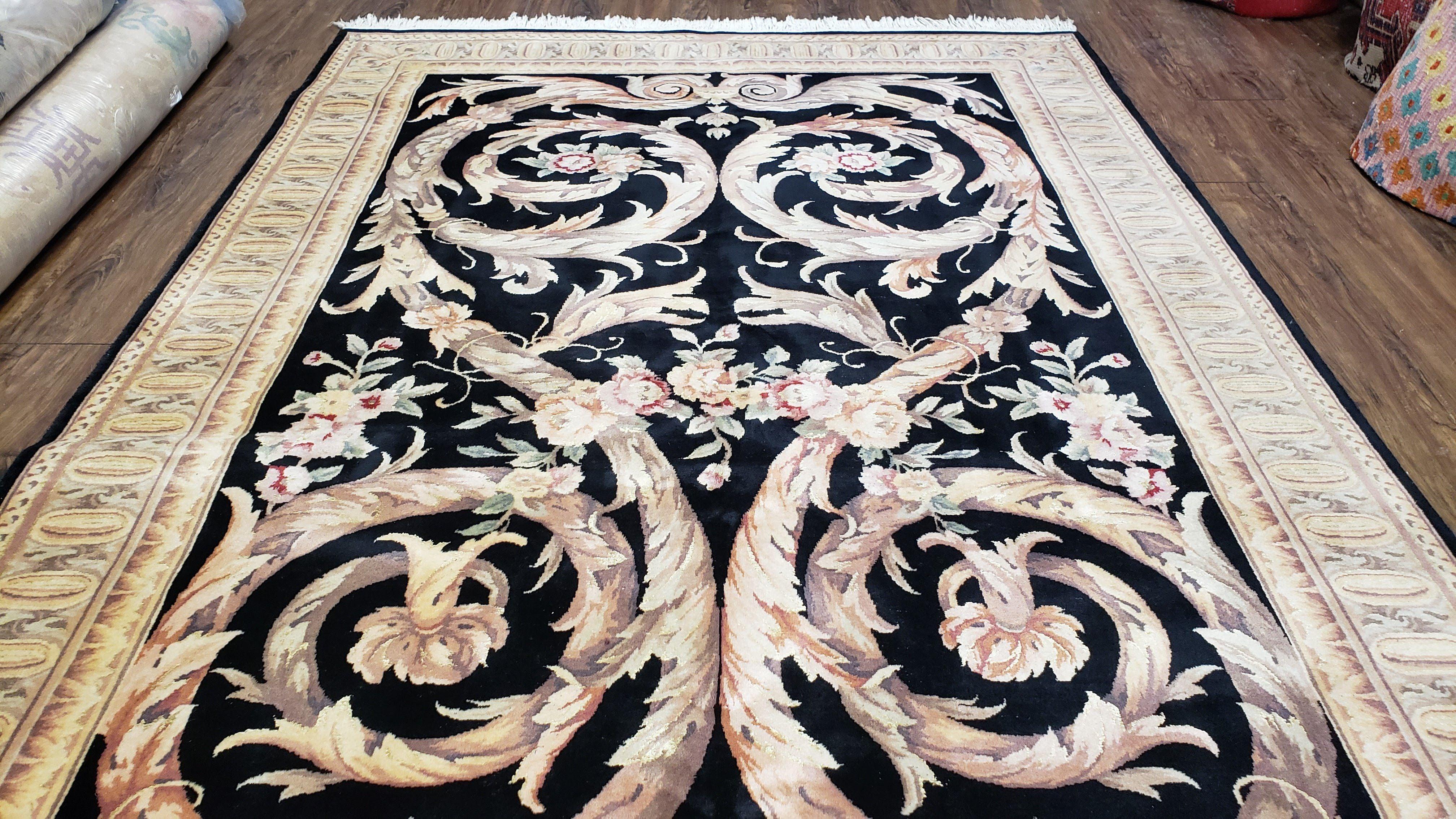 Vintage Black Chinese Savonnerie Area Rug 6x9, Wool & Silk Hand-Knotted Fine Oriental Carpet, Aubusson French Style, Elegant Design 120 Line - Jewel Rugs