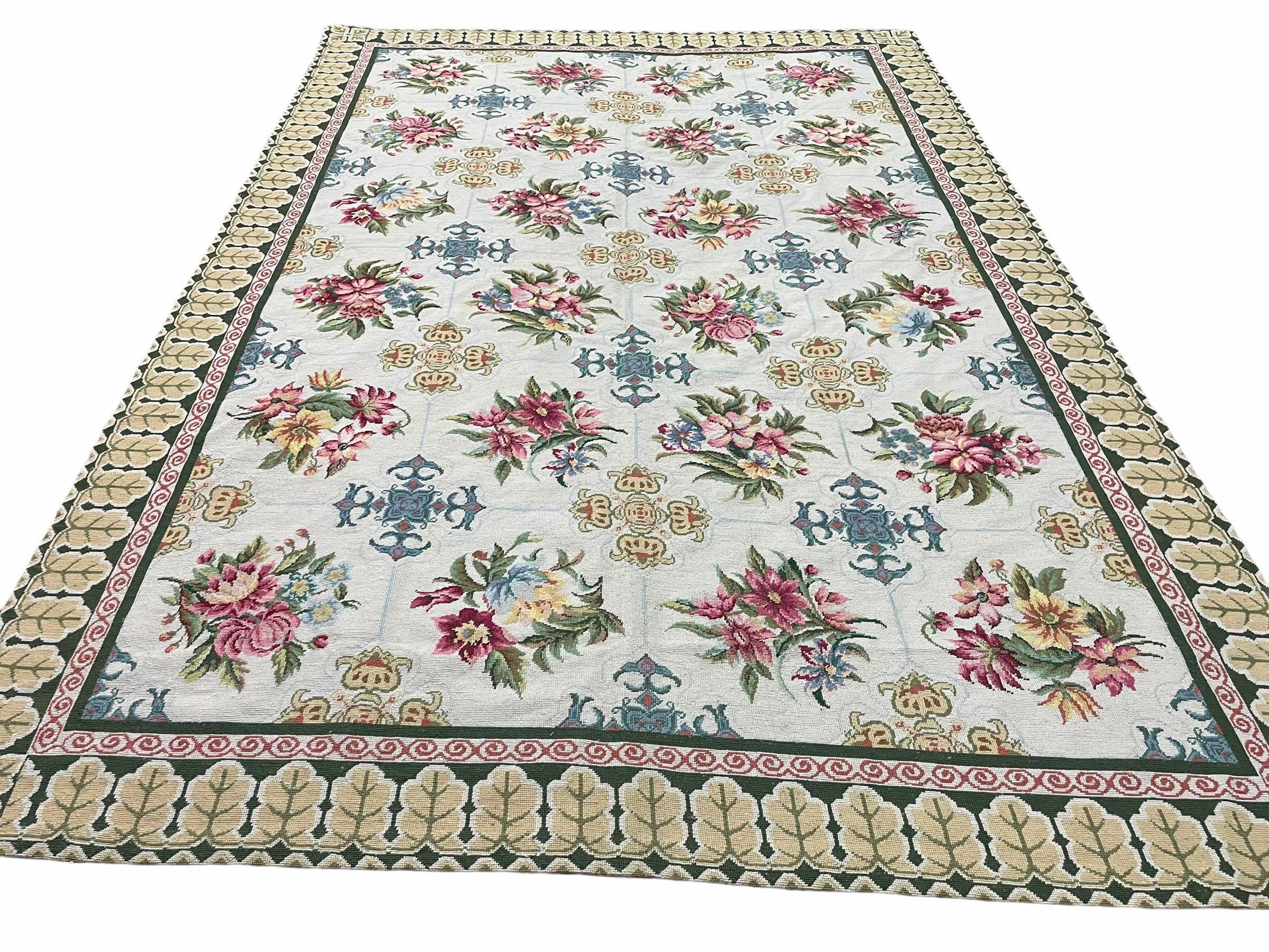 Hand-Knotted Needlepoint Carpet 6x9, Ivory/Cream Background, Colorful Flowers, Yellow Border, Aubusson Rug 6 x 9, New, Handmade - Jewel Rugs