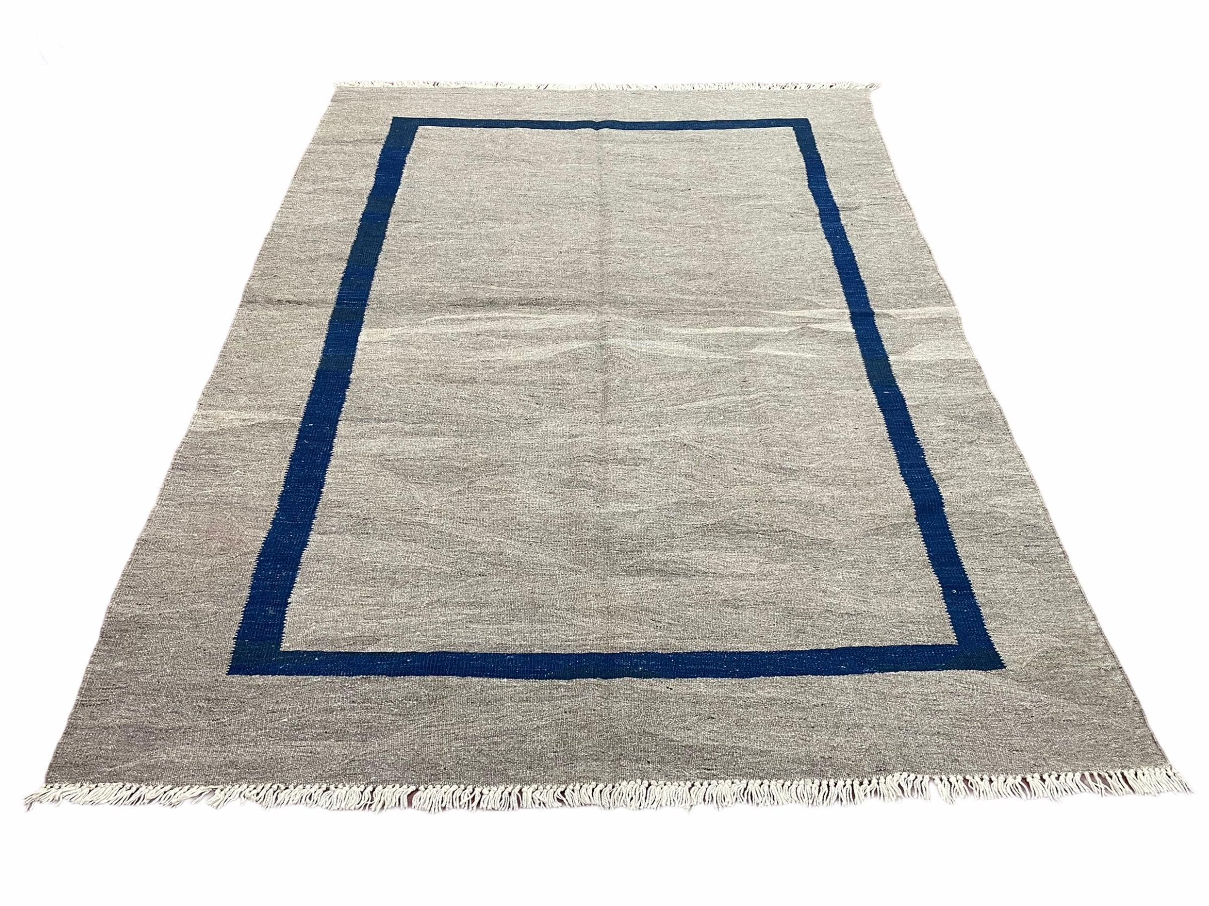 Geometric Turkish Kilim Rug 5' 7" x 7' 9", Flatweave Carpet, Minimal Design, Anatolian Carpet, Gray, Geometric, Dark Blue, Hand-Knotted, New - Jewel Rugs