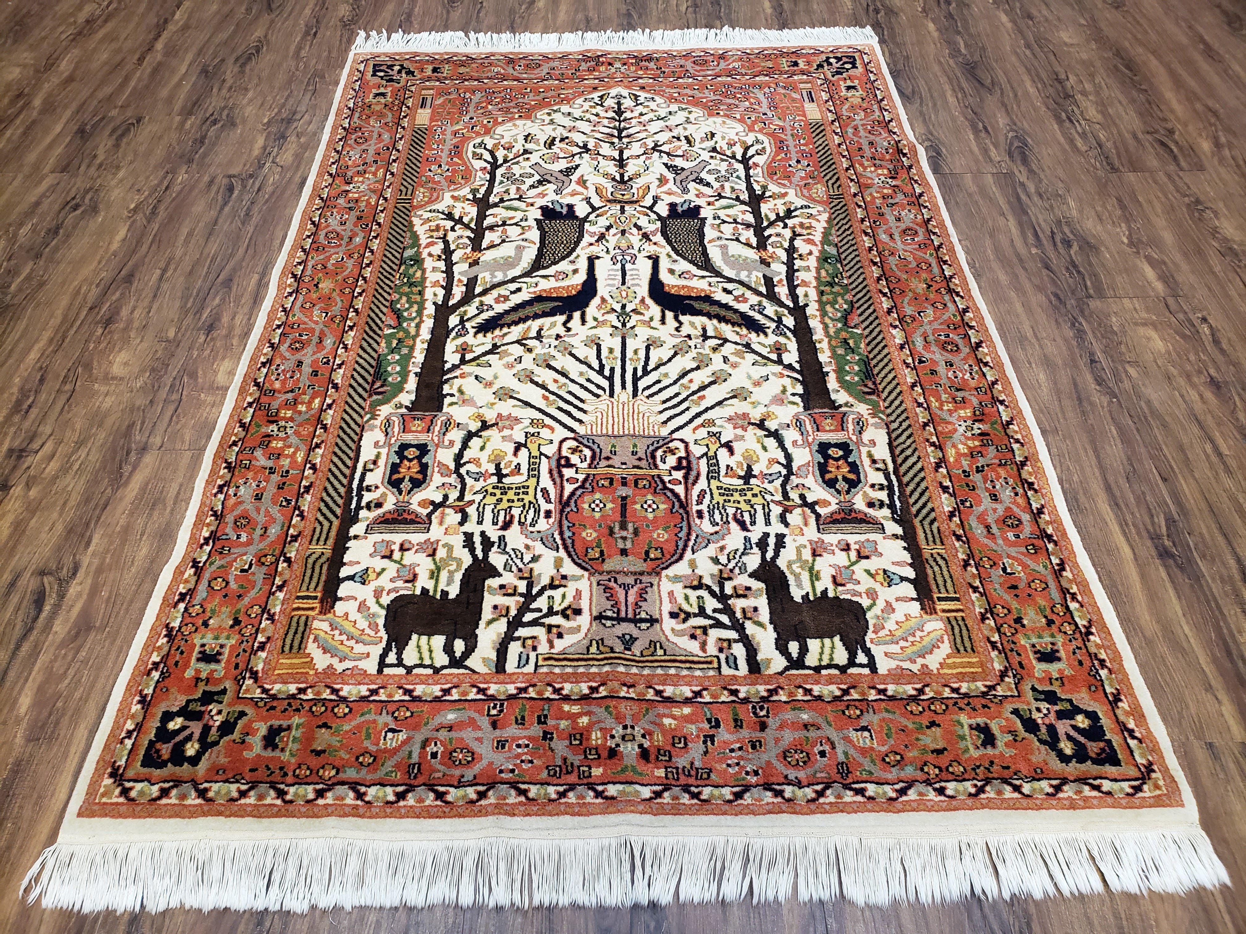 Tree of Life Rug, Kashmiri Rug, Hand-Knotted Rug, Wool Rug, Indian Rug, Unique Rug, 4x6 Rug, Pictorial Rug, Vintage Rug, Persian Rug - Jewel Rugs