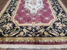 Vintage Nepalese Aubusson Area Rug 6x9, Pure Wool Hand-Knotted Black & Hibiscus Red Tibetan Carpet, Soft Plush Pile, 6 x 9 Savonnerie Rug - Jewel Rugs