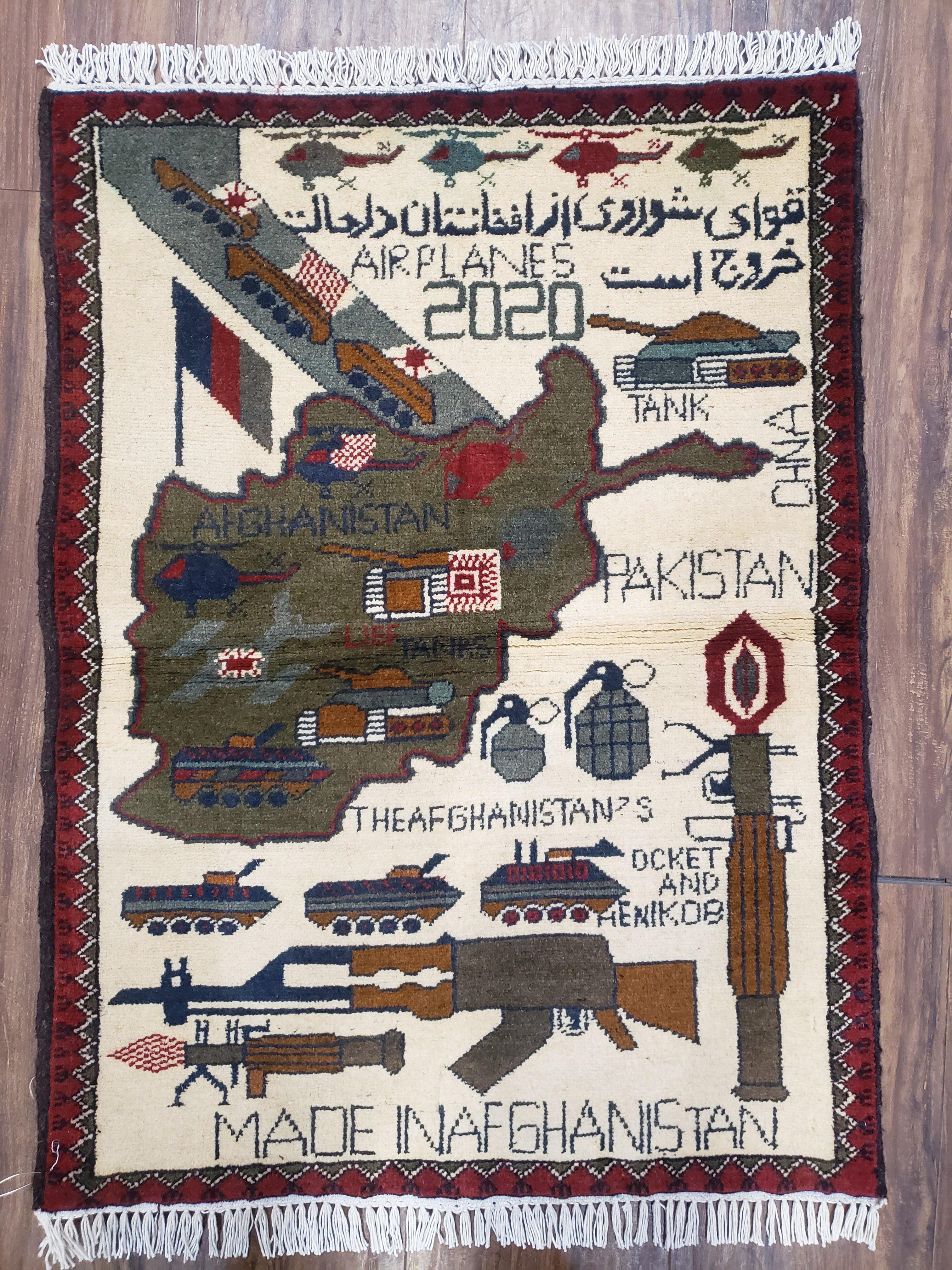 Afghan War Rug 2 x 2.7, Afghanistan Collectible War Carpet, Tanks Guns Airplanes Army 2020, Handmade Wool Pictorial Rug, Tribal Rug, 2x3 - Jewel Rugs