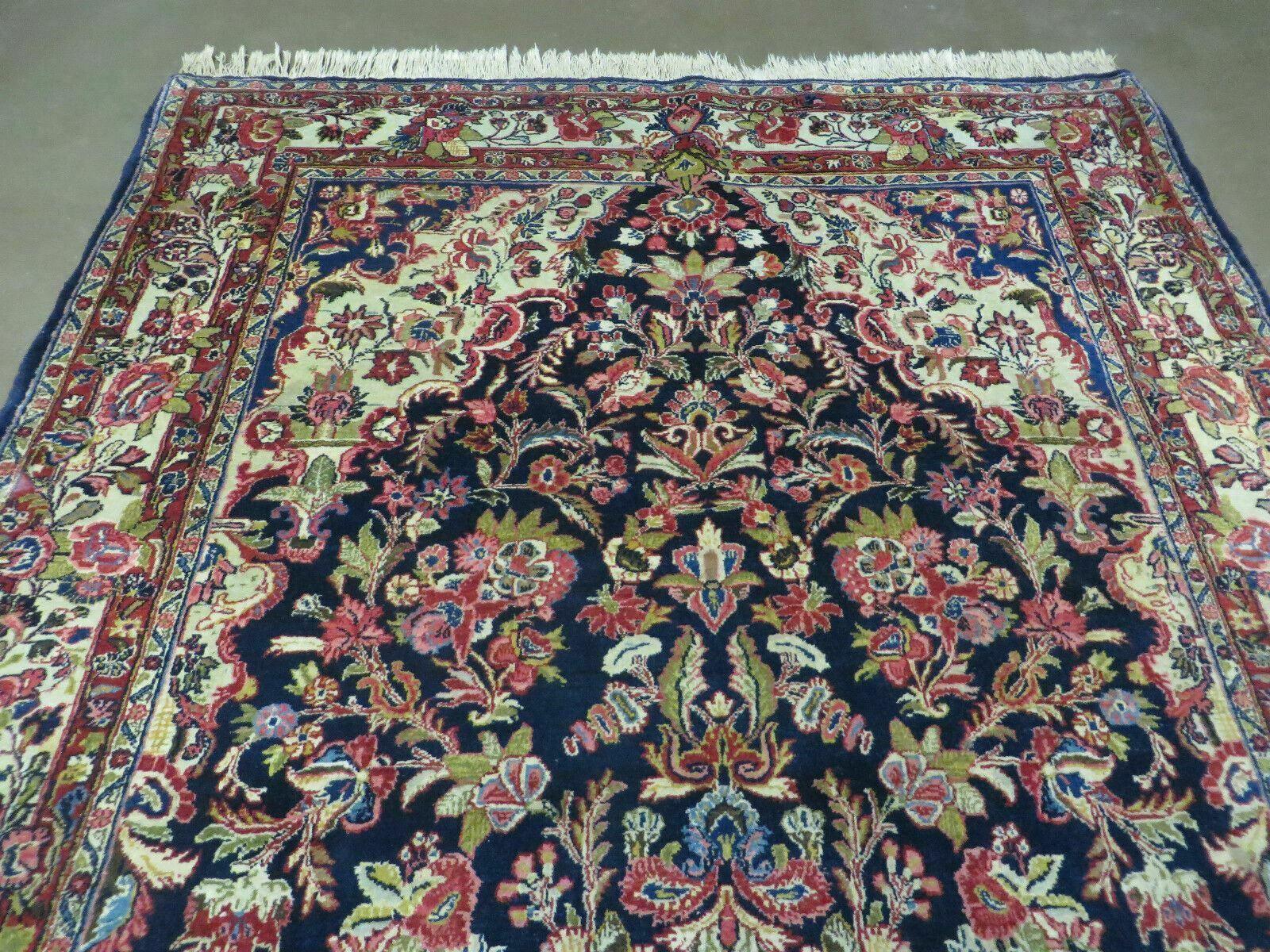 Persian Sarouk Rug 4x7, Hand Knotted Oriental Carpet 4 x 7 ft, Dark Blue Cream Red Floral Wool Rug, Semi Antique 1950s Persian Area Rug, Handmade - Jewel Rugs